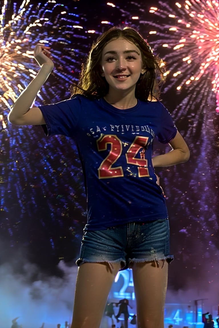 a cute shy blushing happy (12 year old girl) with wavy brown hair in a music festival, in front of a crowd.
full body seen. Fireworks in the sky.
("24" t-shirt 1:2), (flatchest), (flatchested), narrow waist,
she is flat chested, dancing, open legs, saying hi, she is looking to the sky, doing hi with her hand