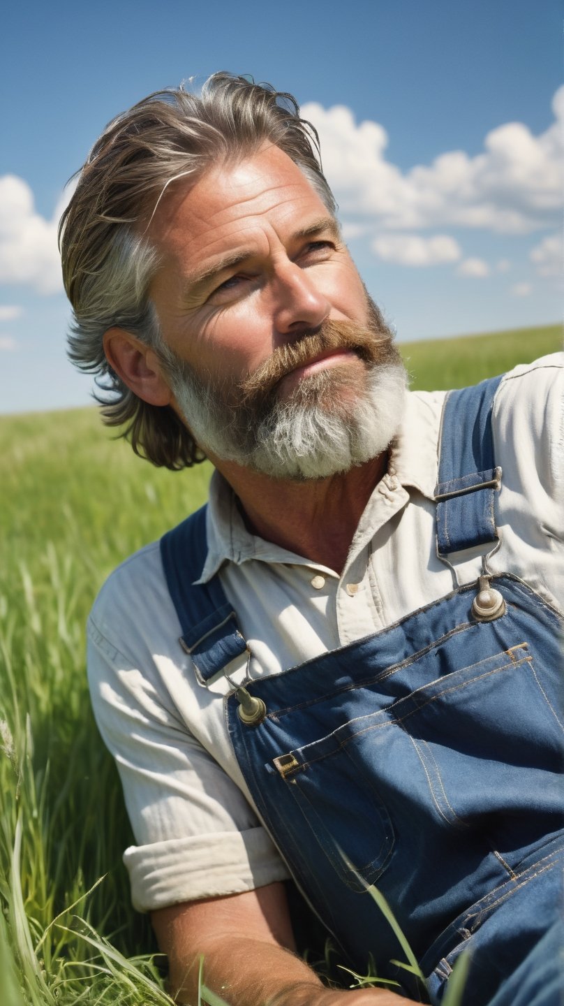 A serene meadow setting, with the carefree male farmer in his 50s laying on a blade of grass, full beard, relaxing, the winds blowing, clear blue skies with clouds, wearing farmer overalls, tired from working, sweaty, tall grass, penis, realistic, highly detailed, realistic eyes, intricate details, detailed background, depth of field