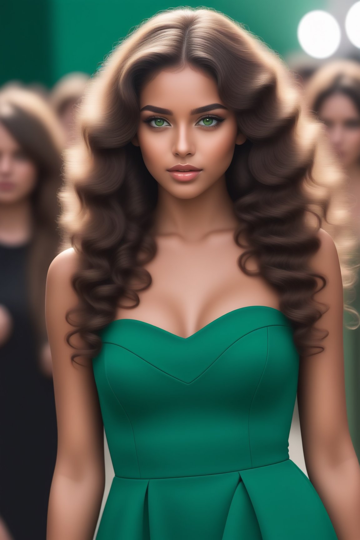 raw realistic cinmatic image of beautiful girl  with brown skin, green eyes,beautiful long curly hair, beautiful round face, perfect face, beautiful face, beautiful hair, long black hair, beautiful face, beautiful green eyes, close up,walking in a fashion show, cat walk, crowd are looking at her, she wearing a deep green elegant gown grainy cinematic, godlyphoto r3al, detailmaster2, aesthetic portrait, cinematic colors, earthy, moody,<lora:659095807385103906:1.0>