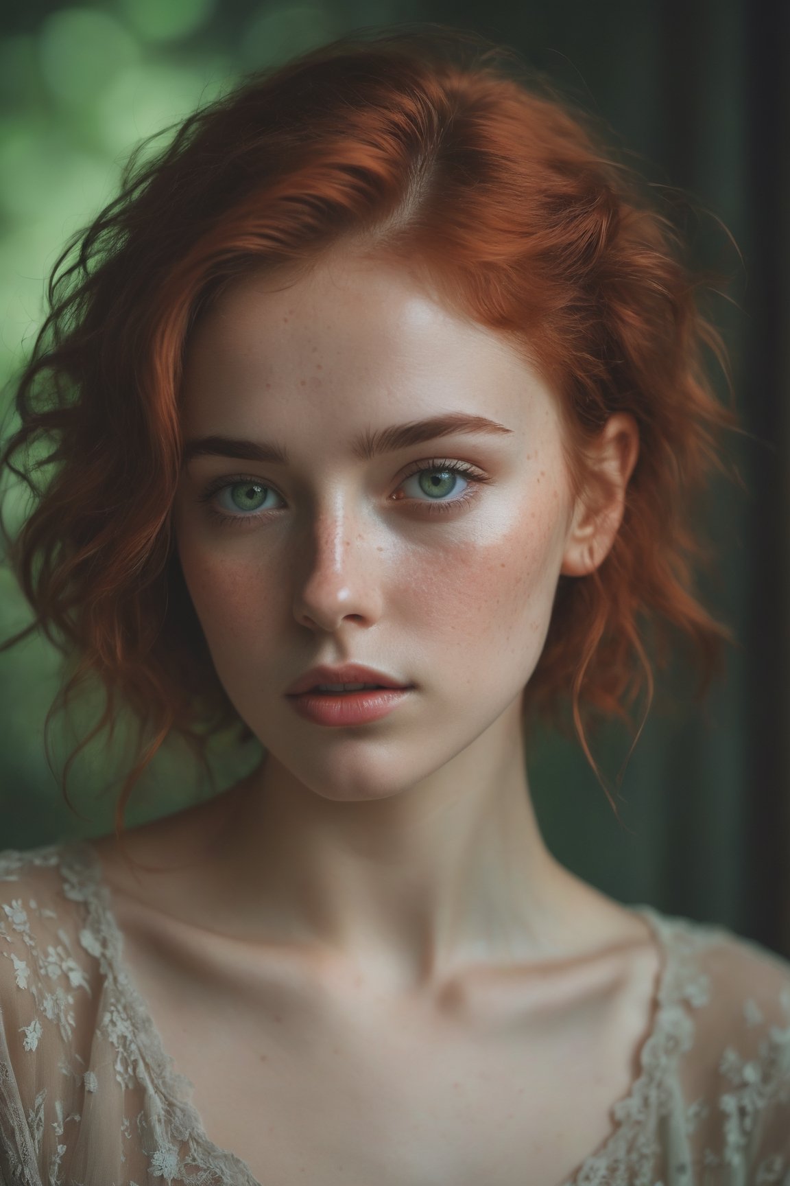 raw realistic potarait of beautiful girlA short, petite frame. Hair so red and wavy falling just past her shoulders, surrounding a circular face with softness, light freckles on her nose, naturally arched red eyebrows over bright green eyes that looked almost blue in some lights., indoor background 
grainy cinematic,  godlyphoto r3al,detailmaster2,aesthetic portrait, cinematic colors, earthy , moody,  look , grainy cinematic, fantasy vibes  godlyphoto r3al,detailmaster2,aesthetic portrait, cinematic colors, earthy , moody,  