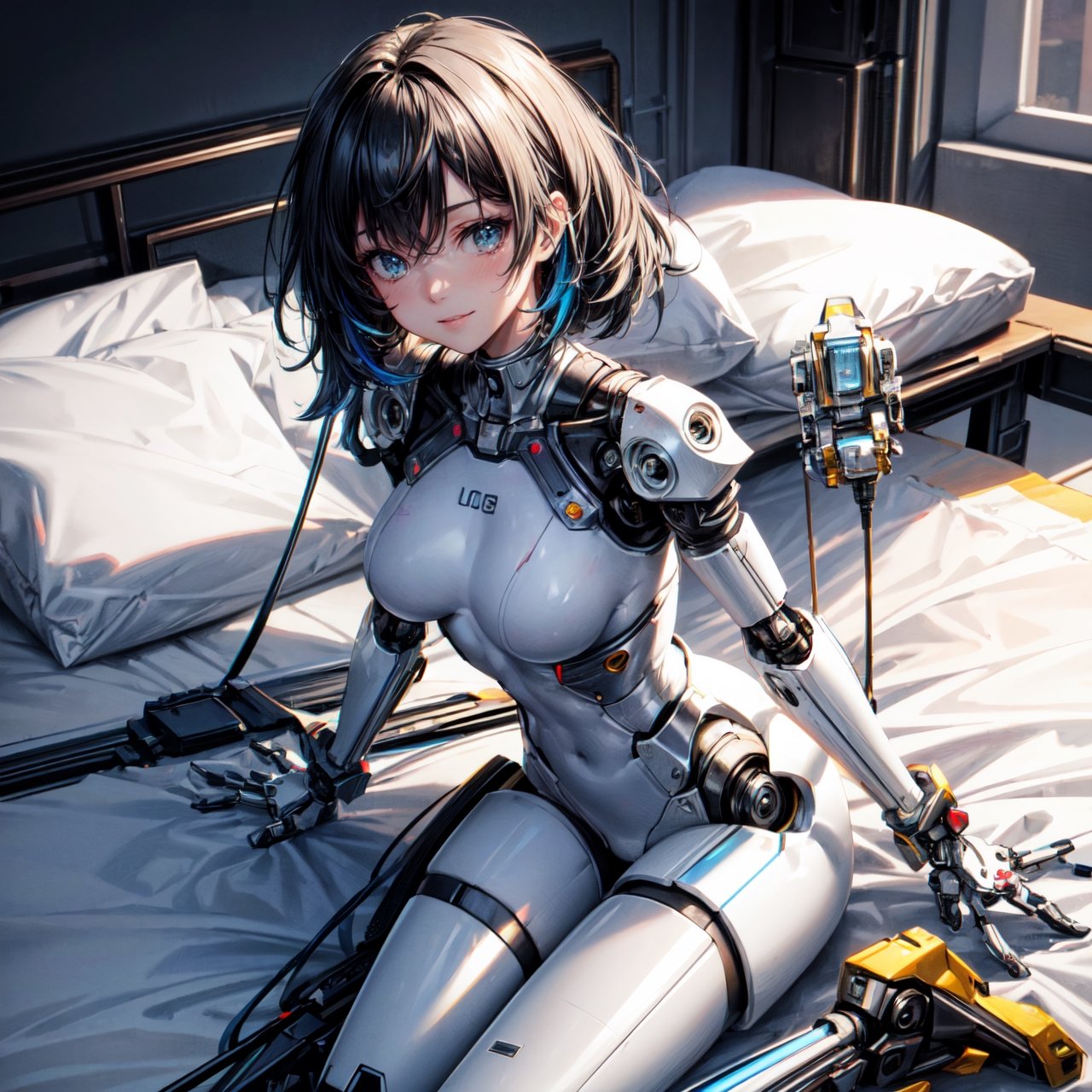 ((nude:1.3)), ((high resolution. 8K)), break. ((Illustraion and CG mixed style)), break. ((1 girl)), ((One android girl with archaic smile)), ((black hair:1.3)), break. ((relax in the bedroom fill of sunlight)), ((lying on the double bed)), ((ready to hug)), (background: a modern bedroom with a double bed), break. ((slender mechanical boby)), ((intricate internal structure)), ((colorful brighten parts:1.2)), break. ((Her body is painted by chrome and light colors)), break. ((robotic arms, robotic legs, robotic hands)), ((robotic joint:1.2)), break. Cinematic angle, panorama, ultra fine quality, masterpiece, best quality, incredibly absurdres, fhighly detailed, sharp focus, (photon mapping, radiosity, physically-based rendering, automatic white balance), masterpiece, best quality