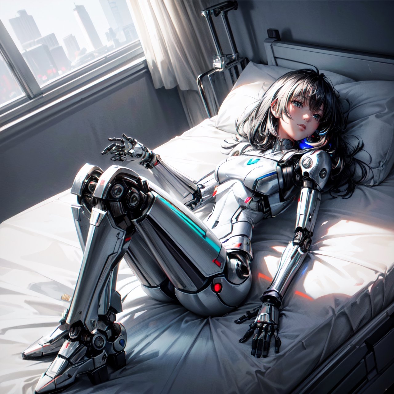 ((high resolution. 8K)), break. ((Illustraion and CG mixed style)), break. ((1 girl)), ((One android girl)), ((black hair:1.3)), break. ((relax in the bedroom fill of sunlight)), ((lying on the double bed)), (background: a modern bedroom with a double bed), break. ((slender mechanical boby)), ((intricate internal structure)), ((colorful brighten parts:1.2
)), break. ((Her body is painted by chrome and light colors)), break. ((robotic arms, robotic legs, robotic hands)), ((robotic joint:1.2)), break. Cinematic angle, panorama, ultra fine quality, masterpiece, best quality, incredibly absurdres, fhighly detailed, sharp focus, (photon mapping, radiosity, physically-based rendering, automatic white balance), masterpiece, best quality