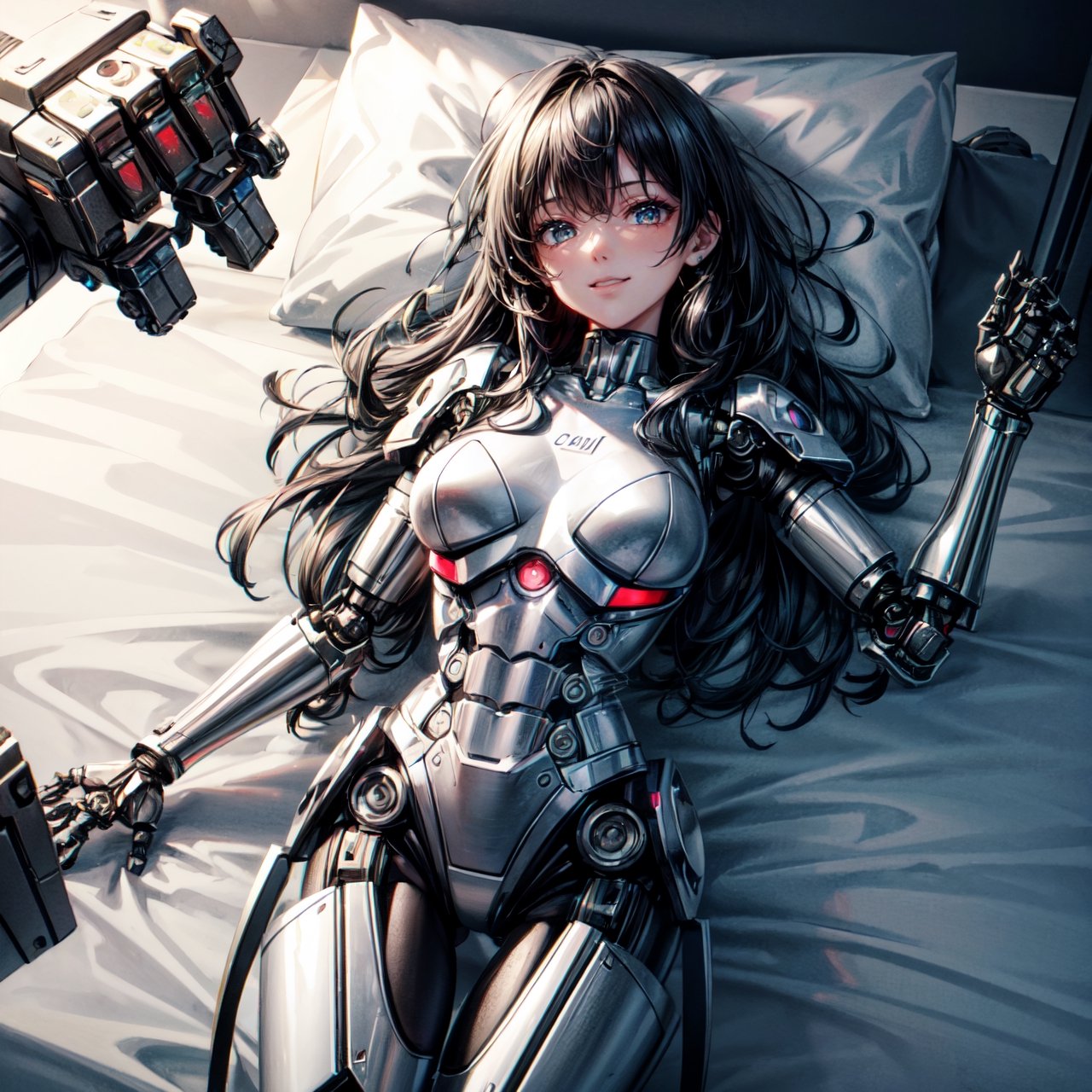 ((high resolution. 8K)), break. ((Illustraion and CG mixed style)), break. ((1 girl)), ((One android girl with archaic smile)), ((black hair:1.3)), break. ((relax in the bedroom fill of sunlight)), ((lying on back, on the double bed)), ((ready to hug)), (background: a modern bedroom with a double bed), break. ((slender mechanical boby)), ((intricate internal structure)), ((colorful brighten parts:1.2)), break. ((Her body is painted by chrome and light colors)), break. ((robotic arms, robotic legs, robotic hands)), ((robotic joint:1.2)), break. Cinematic angle, panorama, ultra fine quality, masterpiece, best quality, incredibly absurdres, fhighly detailed, sharp focus, (photon mapping, radiosity, physically-based rendering, automatic white balance), masterpiece, best quality