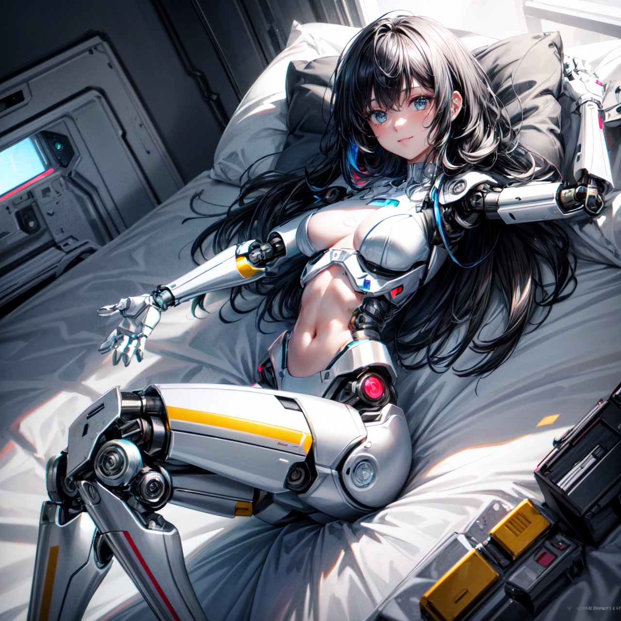 ((high resolution. 8K)), break. ((Illustraion and CG mixed style)), break. ((1 girl)), ((One android girl with archaic smile)), ((black hair:1.3)), break. ((relax in the bedroom fill of sunlight)), ((lying on back, on the double bed)), ((ready to hug)), (background: a modern bedroom with a double bed), break. ((slender mechanical boby)), ((intricate internal structure)), ((colorful brighten parts:1.2)), break. ((Her body is painted by chrome and light colors)), break. ((robotic arms, robotic legs, robotic hands)), ((robotic joint:1.2)), break. Cinematic angle, panorama, ultra fine quality, masterpiece, best quality, incredibly absurdres, fhighly detailed, sharp focus, (photon mapping, radiosity, physically-based rendering, automatic white balance), masterpiece, best quality