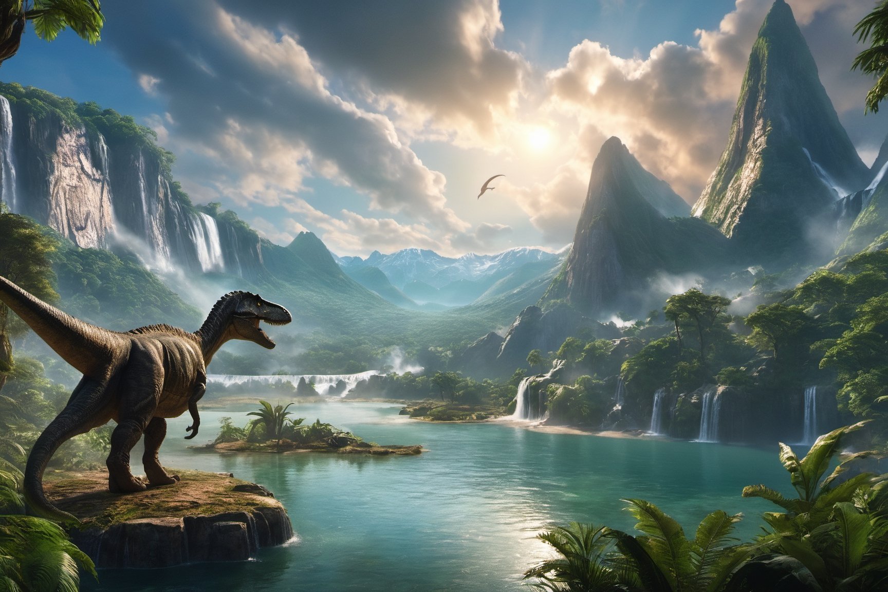 Jurassic, dinosaurs, forests, lakes, waterfalls, mountains, clouds, movie effects, ultra-high definition quality, 8k,