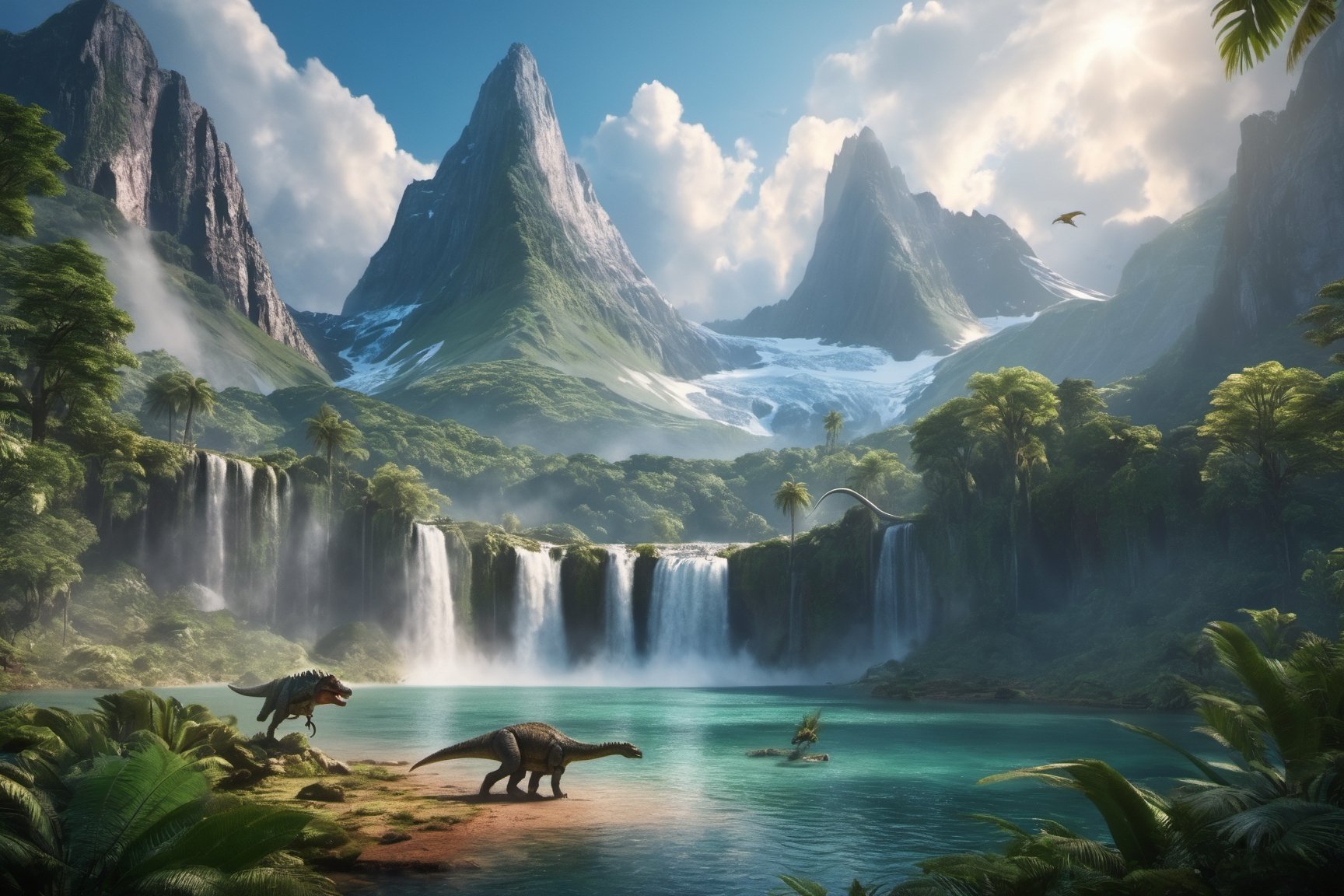 Jurassic, dinosaurs, forests, lakes, waterfalls, mountains, clouds, movie effects, ultra-high definition quality, 8k,