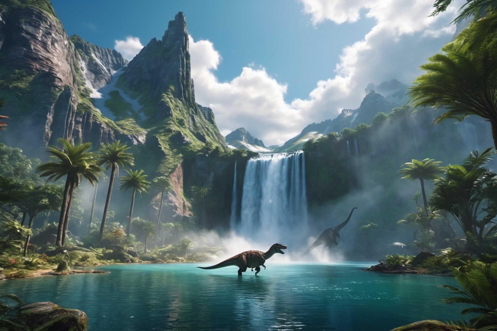 Jurassic, dinosaurs, forests, lakes, waterfalls, mountains, clouds, movie effects, ultra-high definition quality, 8k,