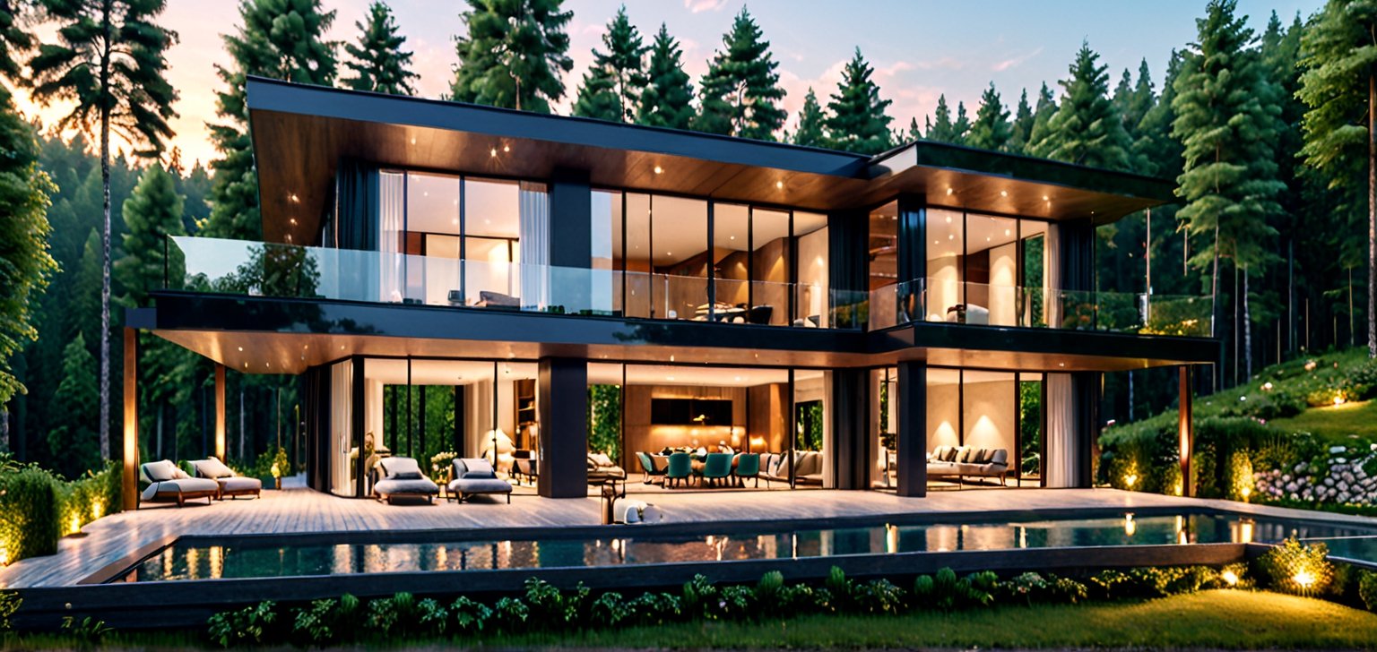 Luxurious villa in the forest, floor-to-ceiling windows, fashionable style,
Masterpiece, perfect quality, ultra high definition, 8k, exquisite details,horizontal