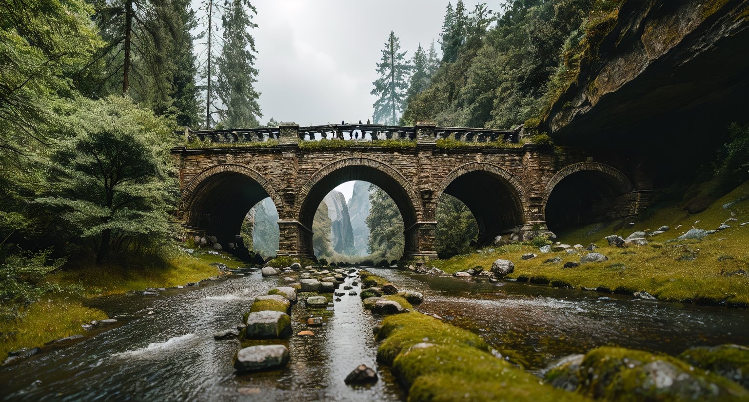 Forest, beautiful forest, rain, grass, rocks, cliffs, stone arch bridge with sculptures, beautiful stone bridge, epic movie style, masterpiece, perfect quality, exquisite details, real, clear, sharp, detailed, professional photos. (((comparison))), 8k, Ultra HD quality, cinematic look, cool tones,