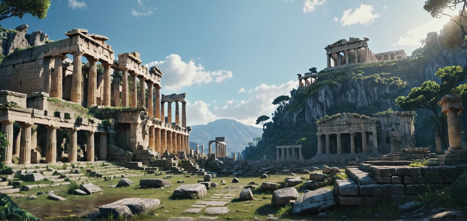 Post-apocalyptic ruins of ancient Greek city, ancient ruins, nature, landscape, remains of statues, architectural remains,

(Masterpiece), ((, Illustration Style,)) Still Film, ((Photorealistic: 1.2)), Cinematic Lighting, Perfect Composition, Super Detailed, Full Body, Masterpiece, (Best Quality: 1.3), Reflections, Extremely Detailed cg unity 8k wallpaper, detailed background, masterpiece, best quality, (masterpiece), (best quality: 1.4), (ultra high resolution: 1.2), (hyperrealistic: 1.4), (realistic: 1.2), most Best quality, high image quality, high resolution, ultra-realistic image quality, 8k, real rainforest, epic movie style,3l3ctronics