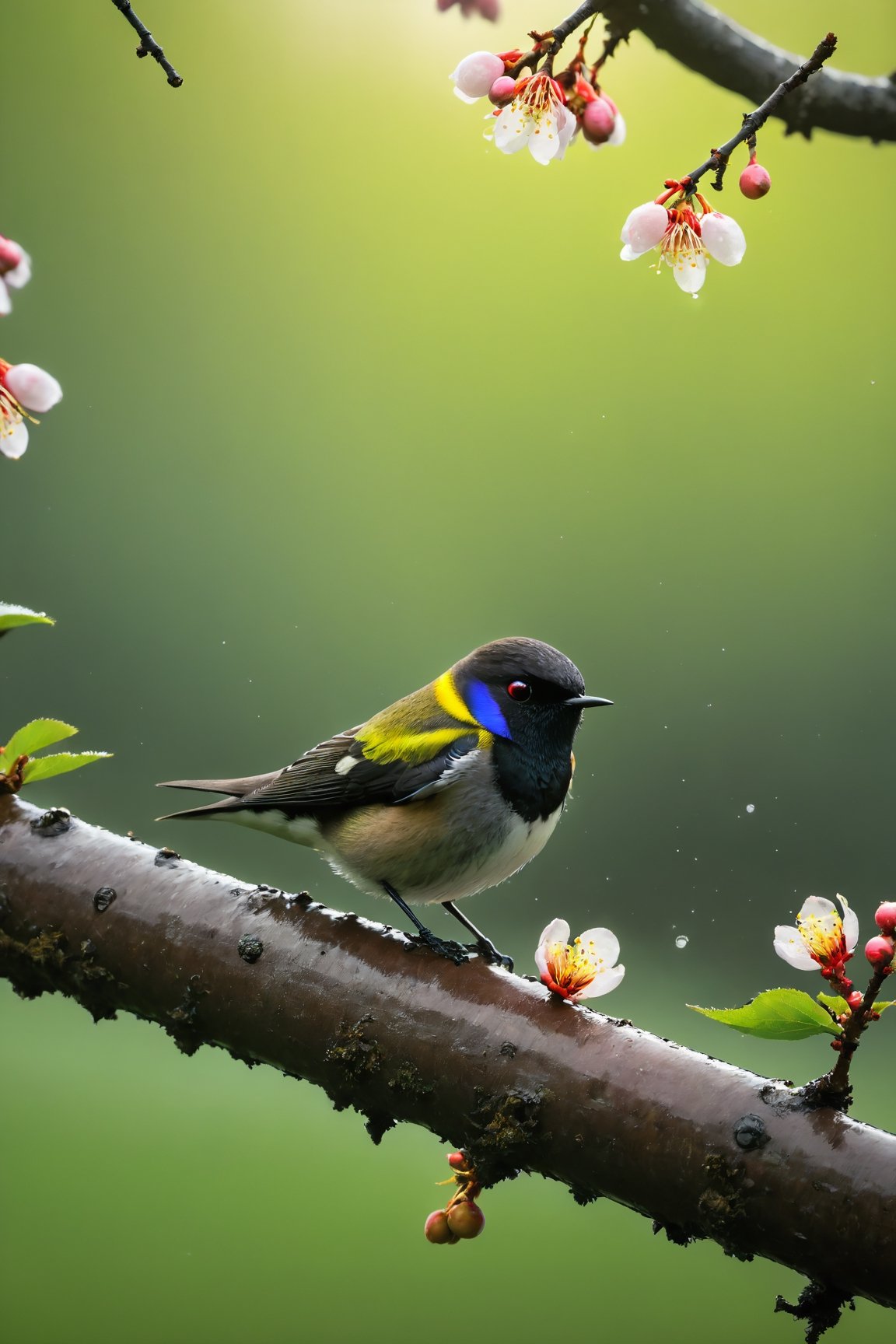 Rain, forest background, close-up of plum blossoms, five-color swallows, colorful beautiful birds, colorful birds, mellow and cute birds (documentary photo: 1.3). BREAK (full-body shot: 1.2), perched on a branch, creative shadow play, eye level, BREAK (shot on Canon EOS 5D: 1.4), Fujicolor Pro film, Miko Lagerstedt style/Liam Wong/Nan Goldin/Lee Friedlander, BREAK (photo realistic ism: 1.3), vignette, highest quality, detailed and intricate, original footage, digital painting, moonster