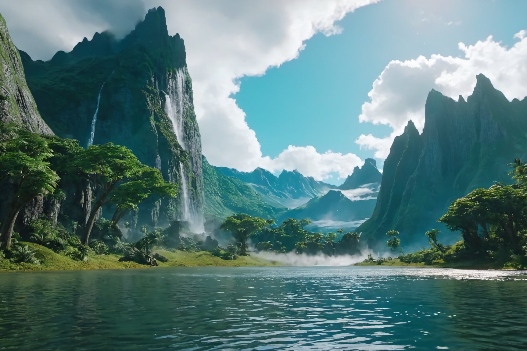 Jurassic, dinosaurs, forests, lakes, waterfalls, mountains, clouds, movie effects, ultra-high definition quality, 8k,3l3ctronics