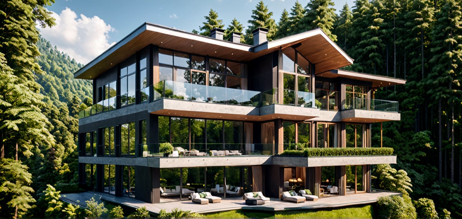 Luxurious villa in the forest, floor-to-ceiling windows, fashionable style,
Masterpiece, perfect quality, ultra high definition, 8k, exquisite details,horizontal