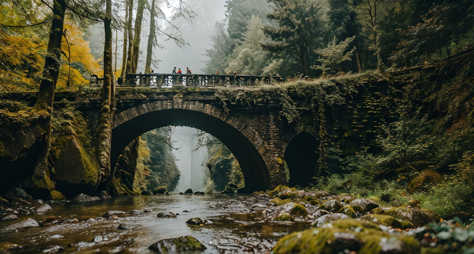 Forest, beautiful forest, rain, rainforest, grass, rocks, cliffs, stone arch bridge, epic movie style, masterpiece, perfect quality, exquisite details, real, clear, sharp, detailed, professional photos. (((Compare))), 8k, Ultra HD quality, cinematic look, cool colors,