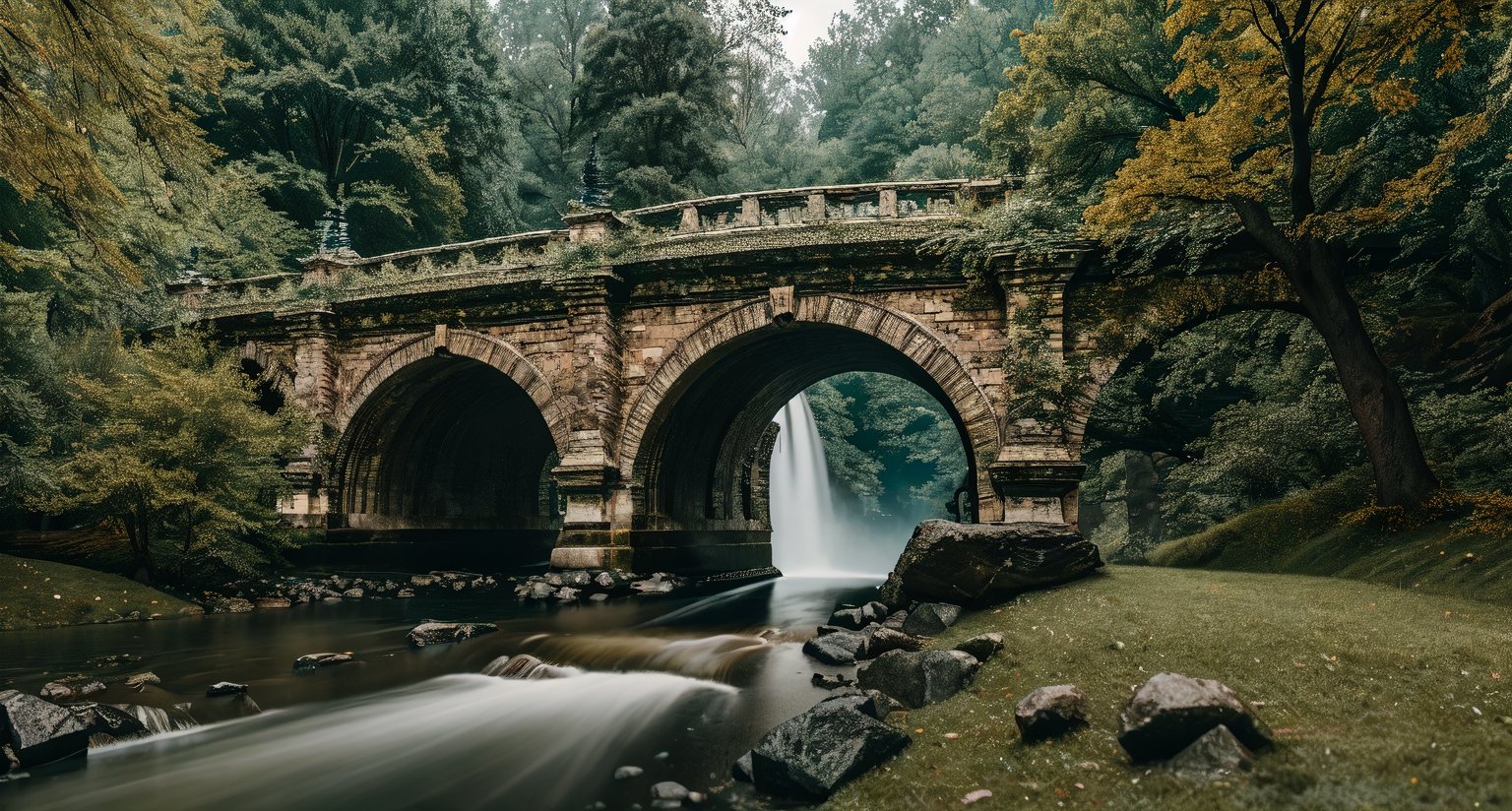 Forest, beautiful forest, rain, grass, rocks, cliffs, stone arch bridge with sculptures, beautiful stone bridge, epic movie style, masterpiece, perfect quality, exquisite details, real, clear, sharp, detailed, professional photos. (((comparison))), 8k, Ultra HD quality, cinematic look, cool tones,