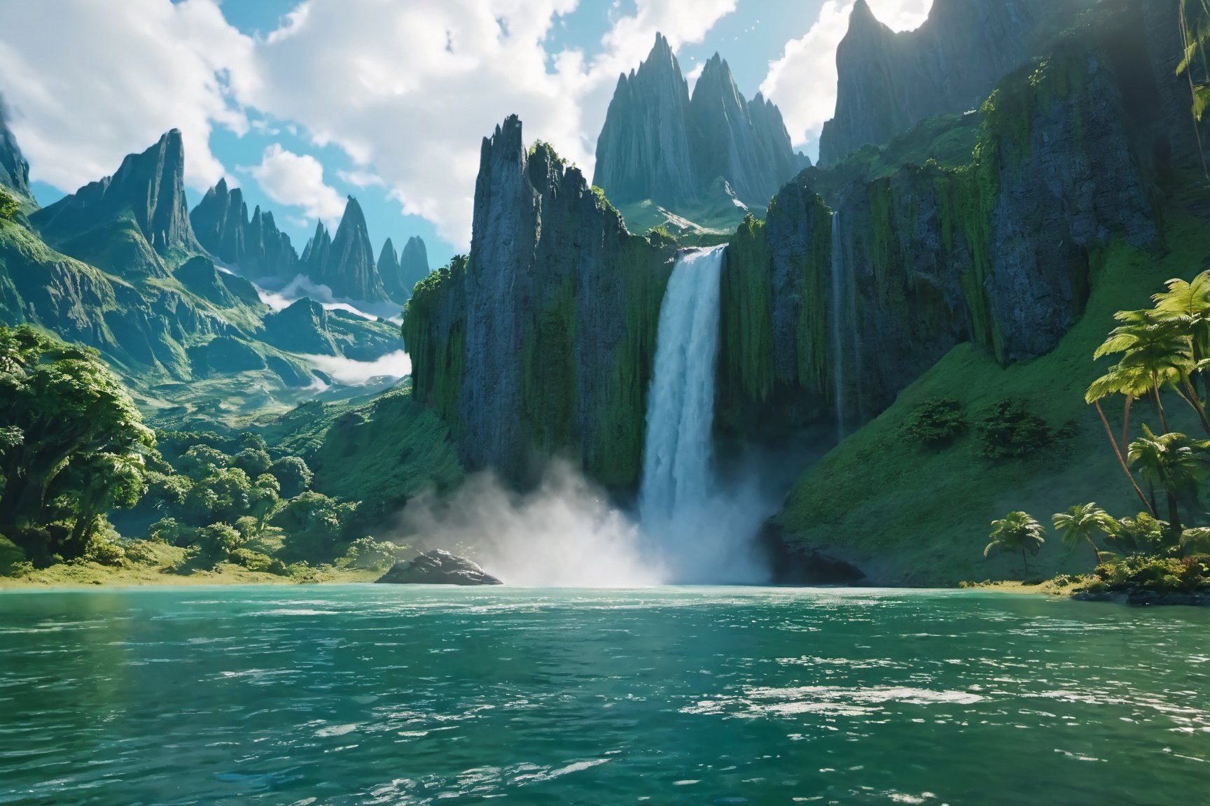 Jurassic, dinosaurs, forests, lakes, waterfalls, mountains, clouds, movie effects, ultra-high definition quality, 8k,3l3ctronics