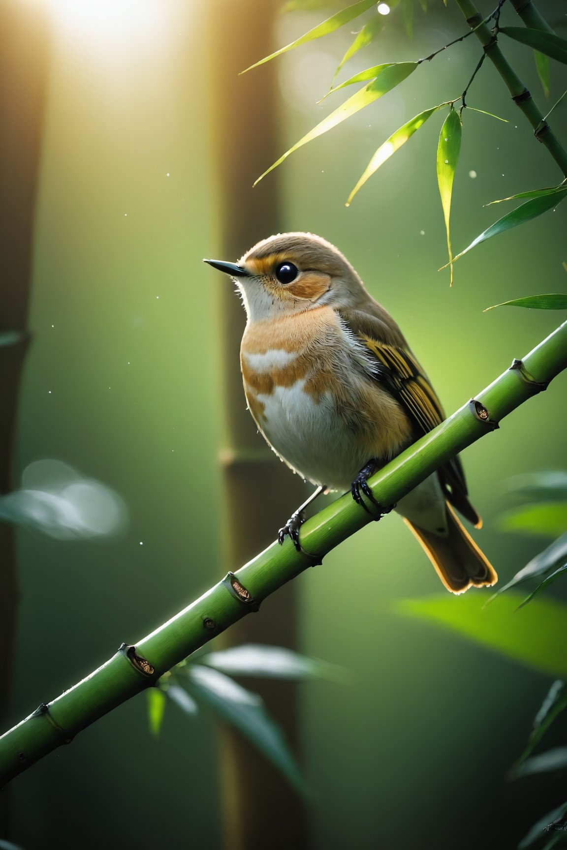 Bamboo forest, bamboo, close-up of bamboo leaves, beautiful bird, mellow and cute bird (documentary photo: 1.3). BREAK (full-body shot: 1.2), perched on a branch, direct sunlight, creative shadow play, eye level, BREAK (shot on Canon EOS 5D: 1.4), Fujicolor Pro film, Miko Lagerstedt style/Liam Wong/Nan Goldin/Lee Friedlander, BREAK (Photorealism: 1.3), vignette, highest quality, detailed and intricate, original footage, digital painting, moonster