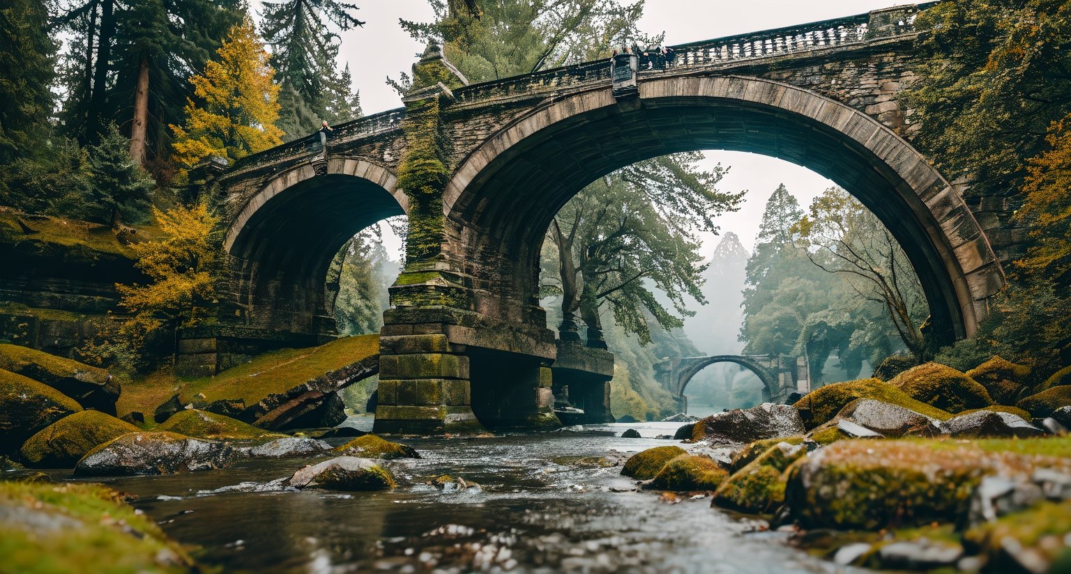 Forest, beautiful forest, rain, grass, rocks, cliffs, stone arch bridge with sculptures, beautiful stone bridge, epic movie style, masterpiece, perfect quality, exquisite details, real, clear, sharp, detailed, professional photos. (((comparison))), 8k, Ultra HD quality, cinematic look, cool tones,