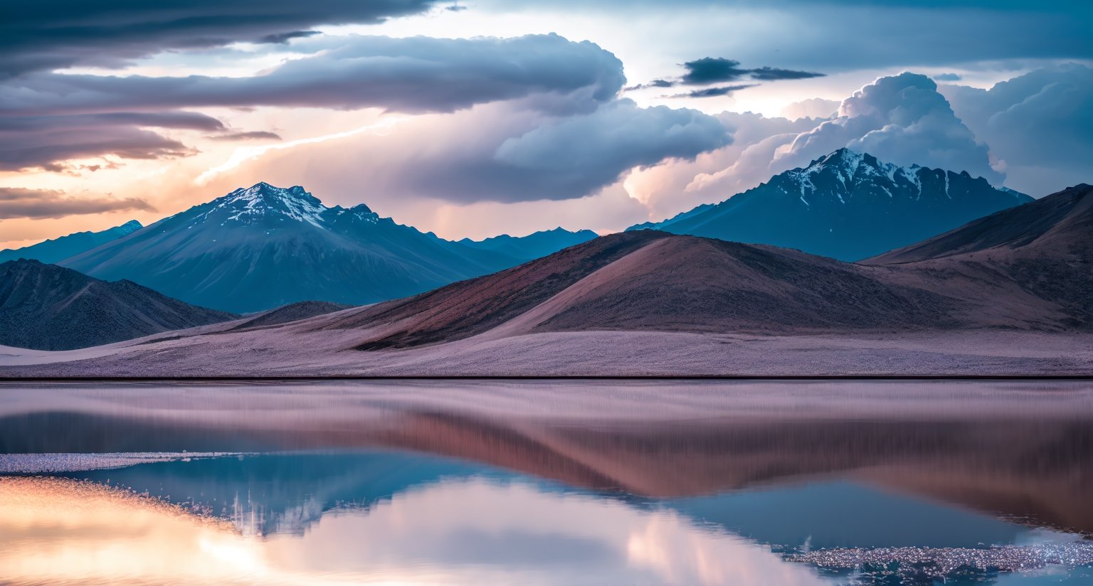 Masterpiece, highest quality, 8k high-quality photos, perfect details, perfect composition, ultra-high definition, the sky of Uyuni Salt Lake, mirror-like lake surface, water reflection, magnificent distant mountains, dark clouds, lightning, heavy rain,