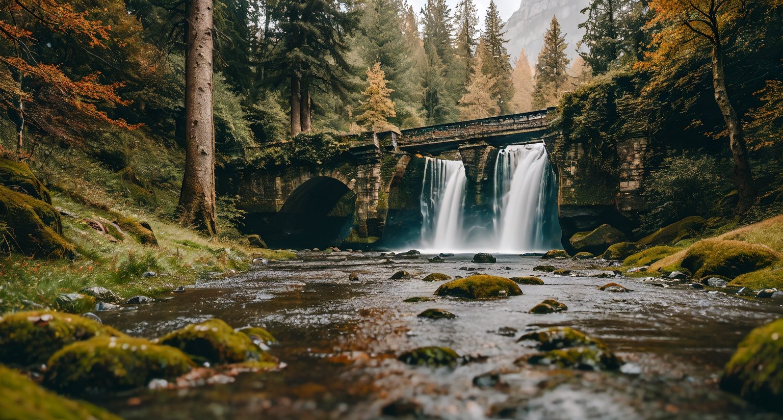 Forest, beautiful forest, rain, grass, rocks, cliffs, stone road, stone arch bridge, epic movie style, masterpiece, perfect quality, exquisite details, real, clear, sharp, detailed, professional photos. (((Compare))), 8k, Ultra HD quality, cinematic look, cool colors,