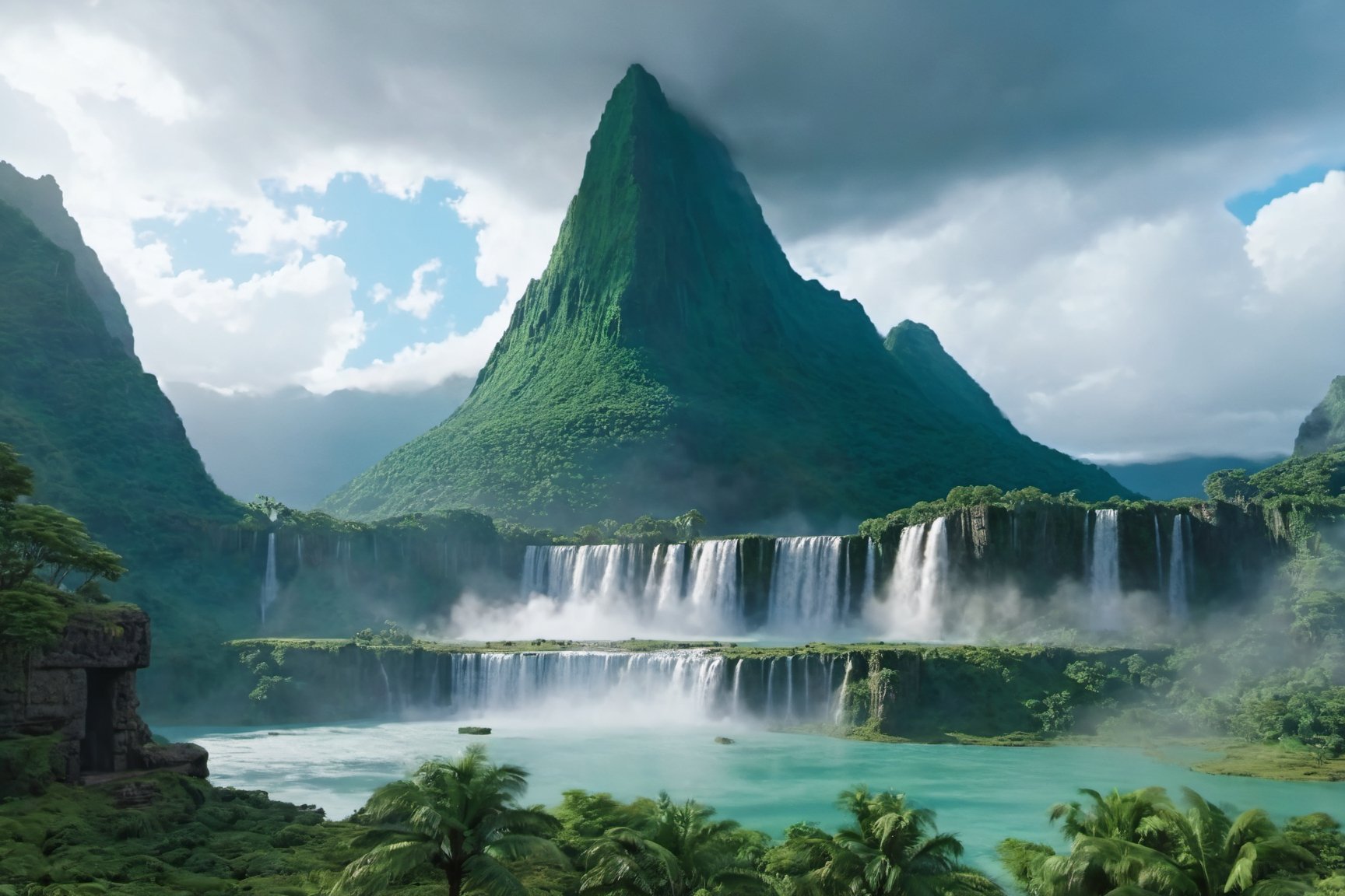 Jurassic, forests, lakes, waterfalls, mountains, clouds, ancient human ruins, giant sculptures and ruins, movie special effects, ultra-high-definition quality, 8k,