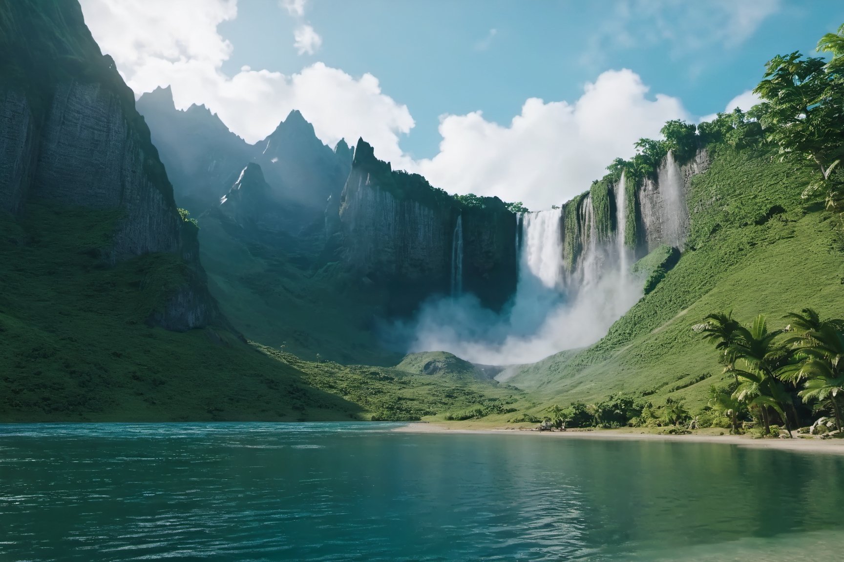 Jurassic, dinosaurs, forests, lakes, waterfalls, mountains, clouds, movie effects, ultra-high definition quality, 8k,3l3ctronics