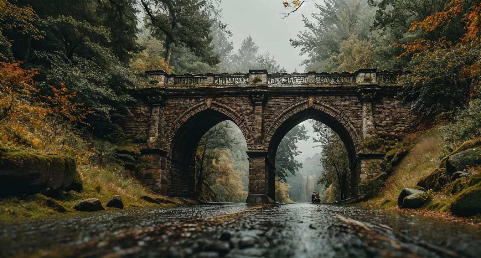 Forest, beautiful forest, rain, grass, rocks, cliffs, stone road, stone arch bridge with sculptures, epic movie style, masterpiece, perfect quality, exquisite details, real, clear, sharp, detailed, professional photos. (((Compare))), 8k, Ultra HD quality, cinematic look, cool colors,