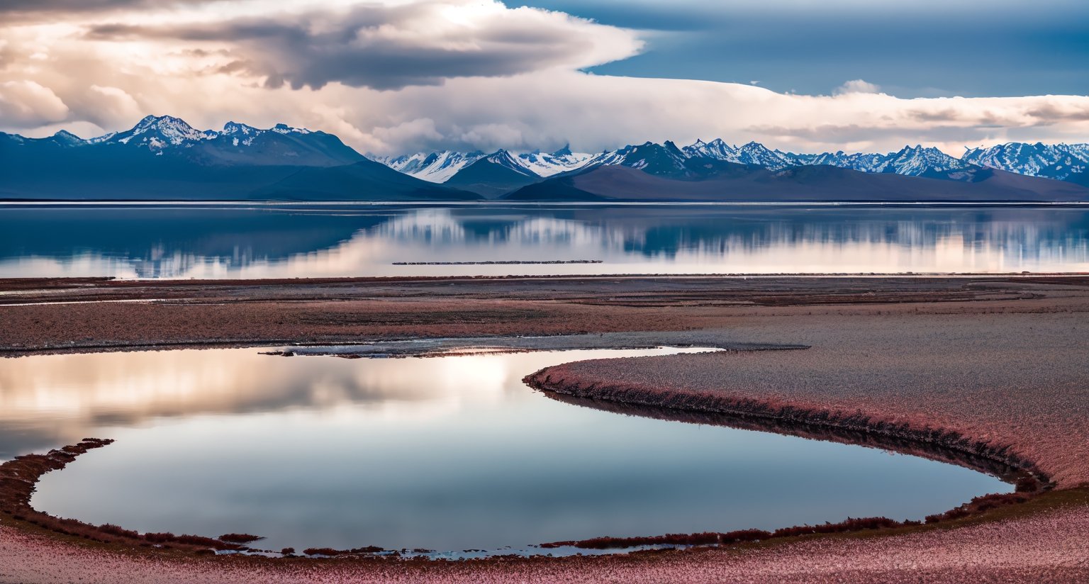 Masterpiece, highest quality, 8k high quality photo, perfect details, perfect composition, ultra high definition, sky over the Salt Lake of Uyuni, mirror-like surface of the lake, reflection in the water, majestic distant mountains, dark clouds, lightning