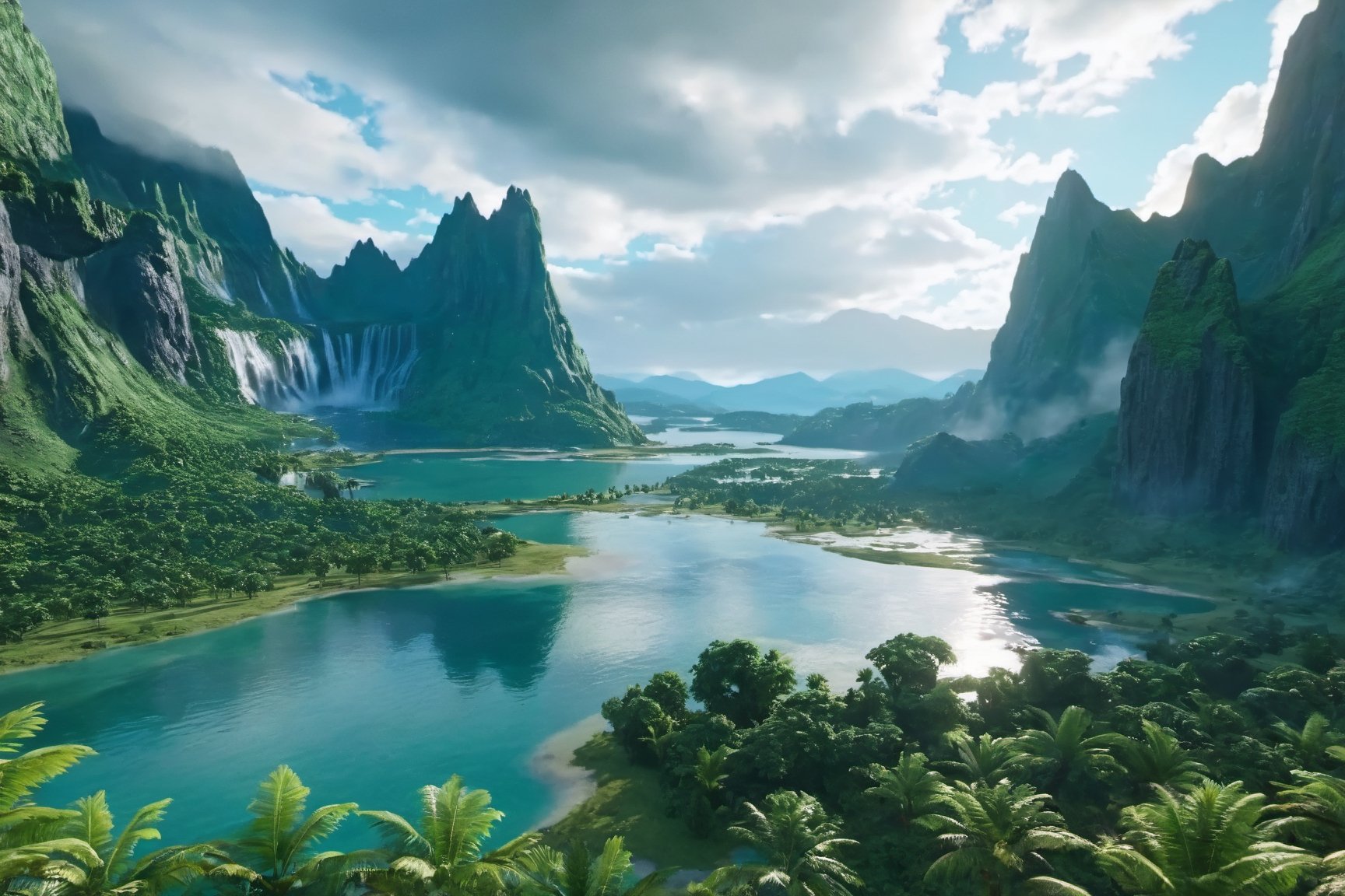 Jurassic, dinosaurs, forests, lakes, waterfalls, mountains, clouds, movie effects, ultra-high definition quality, 8k,3l3ctronics