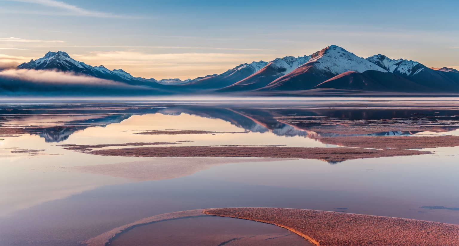 Masterpiece, highest quality, 8k high-quality photos, perfect details, perfect composition, ultra-high definition, the sky over the Salt Lake of Uyuni, the mirror-like surface of the lake, reflections in the water, majestic distant mountains, low mist,