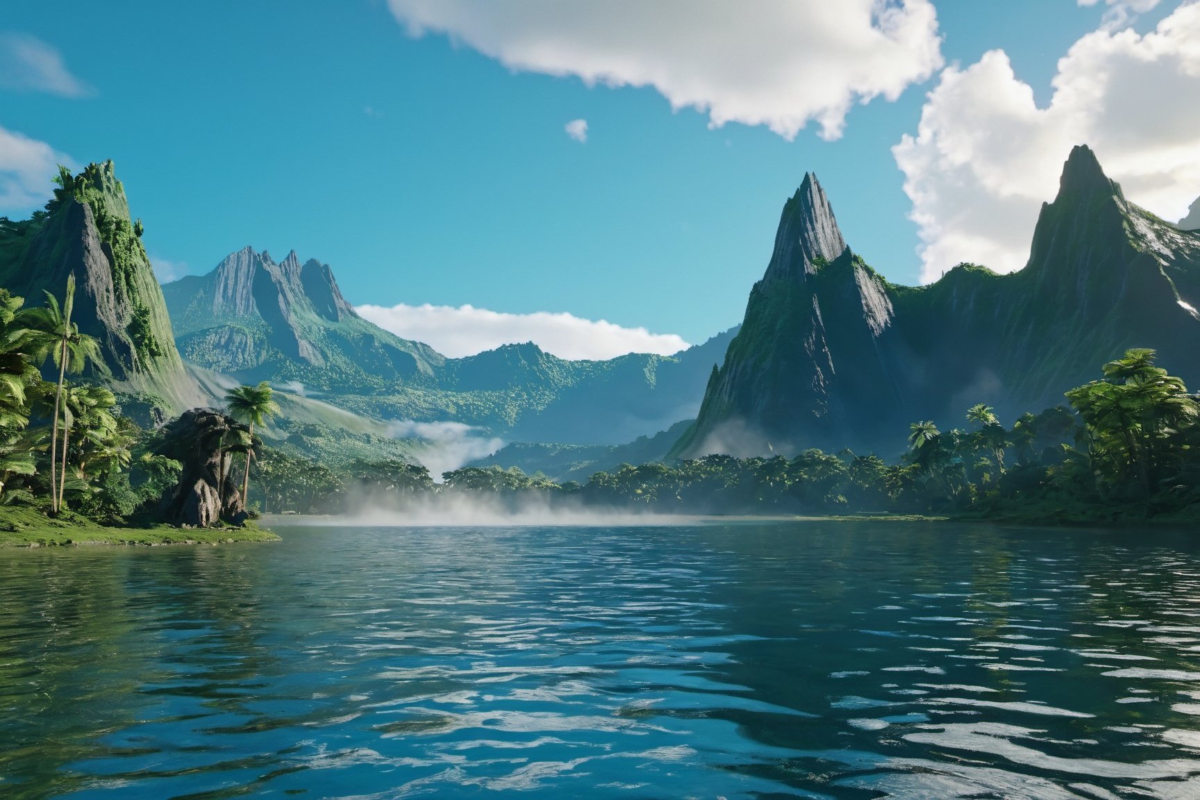 Jurassic, dinosaurs, forests, lakes, waterfalls, mountains, clouds, movie effects, ultra-high definition quality, 8k,3l3ctronics