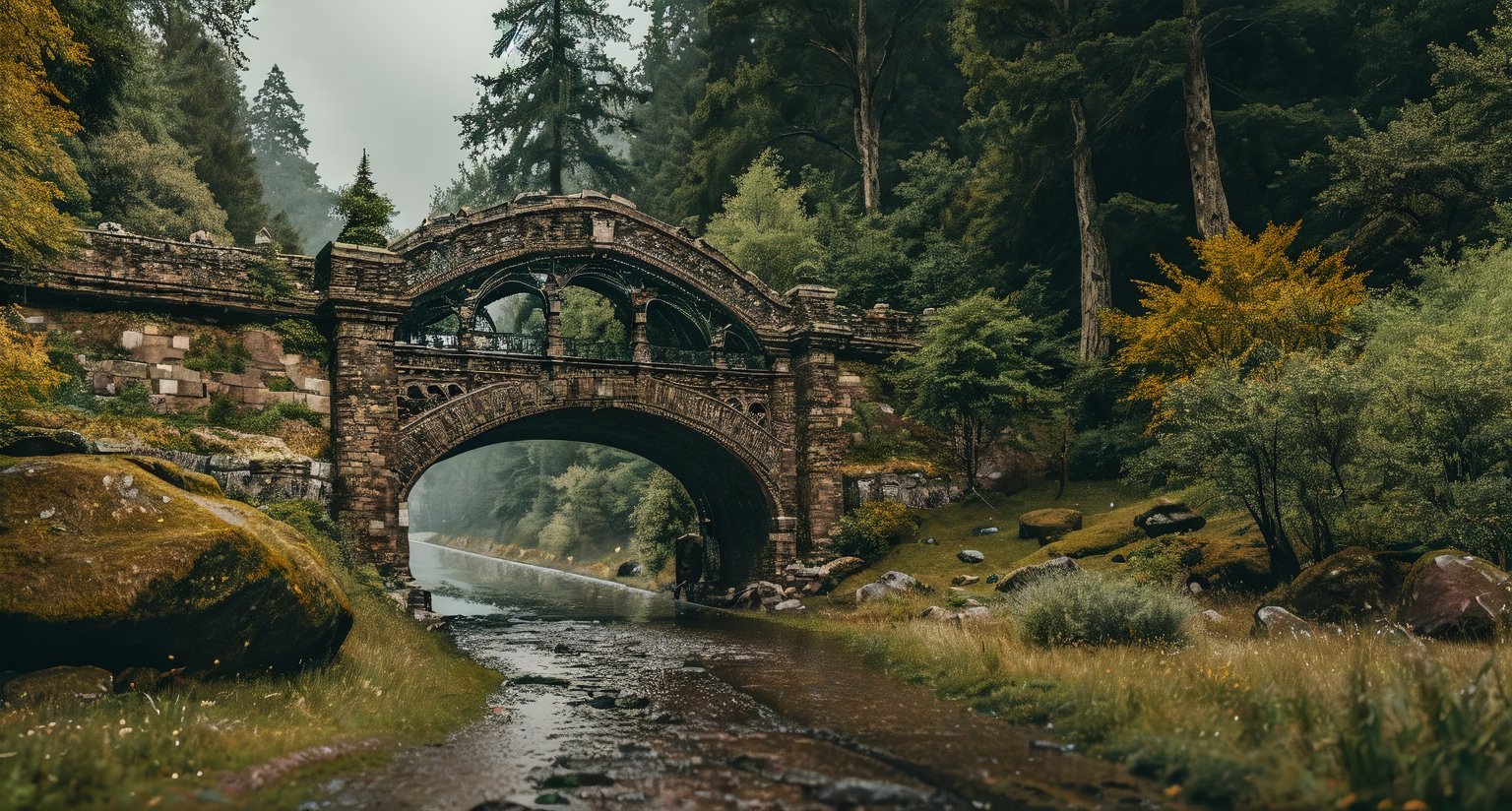 Forest, beautiful forest, rain, grass, rocks, cliffs, stone road, stone arch bridge with sculptures, epic movie style, masterpiece, perfect quality, exquisite details, real, clear, sharp, detailed, professional photos. (((Compare))), 8k, Ultra HD quality, cinematic look, cool colors,