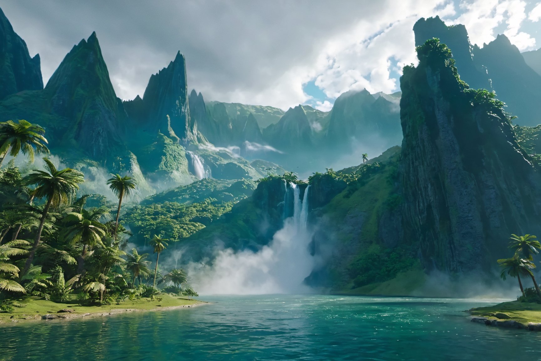 Jurassic, dinosaurs, forests, lakes, waterfalls, mountains, clouds, movie effects, ultra-high definition quality, 8k,3l3ctronics