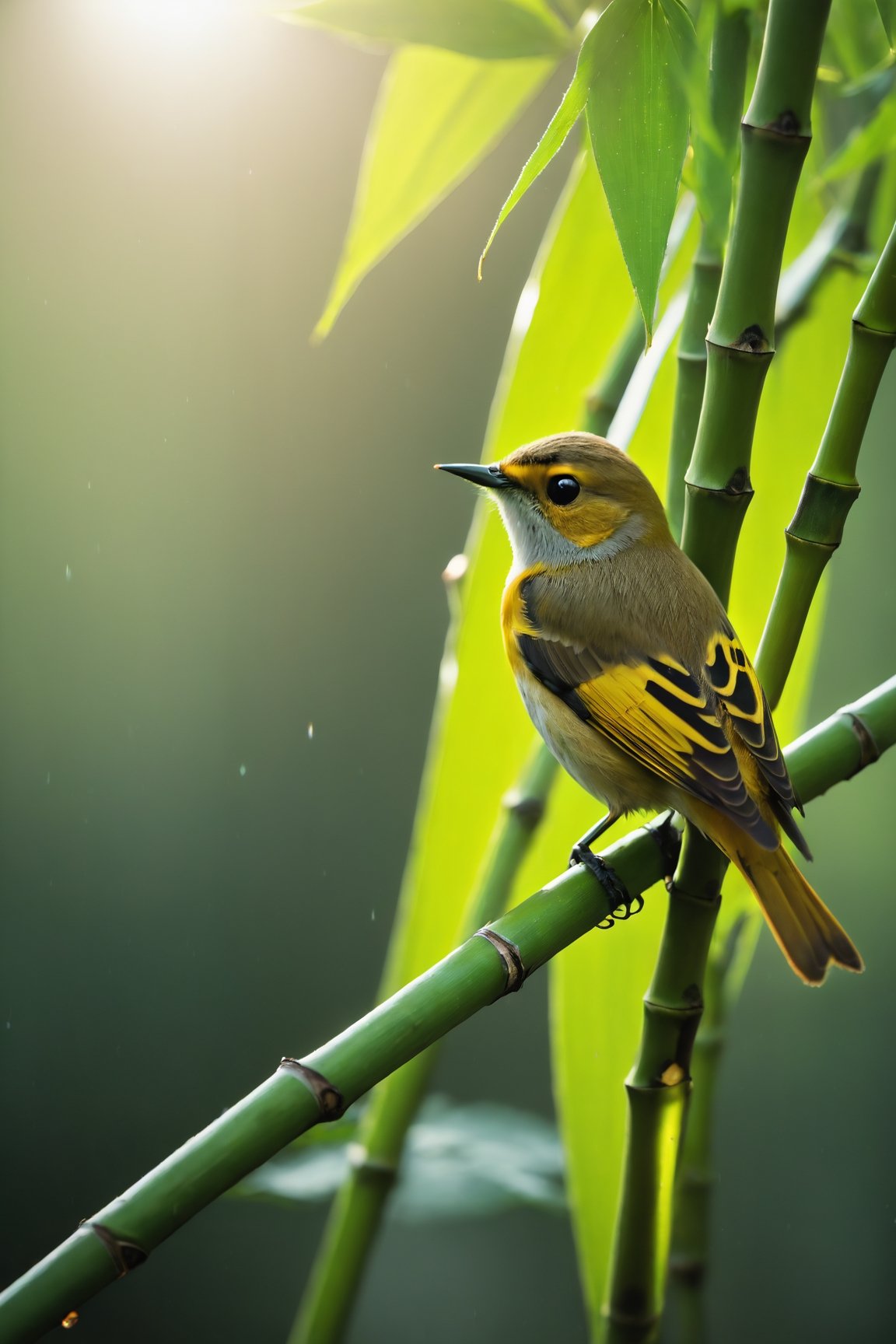 Bamboo forest, bamboo, close-up of bamboo leaves, beautiful bird, mellow and cute bird (documentary photo: 1.3). BREAK (full-body shot: 1.2), perched on a branch, direct sunlight, creative shadow play, eye level, BREAK (shot on Canon EOS 5D: 1.4), Fujicolor Pro film, Miko Lagerstedt style/Liam Wong/Nan Goldin/Lee Friedlander, BREAK (Photorealism: 1.3), vignette, highest quality, detailed and intricate, original footage, digital painting, moonster