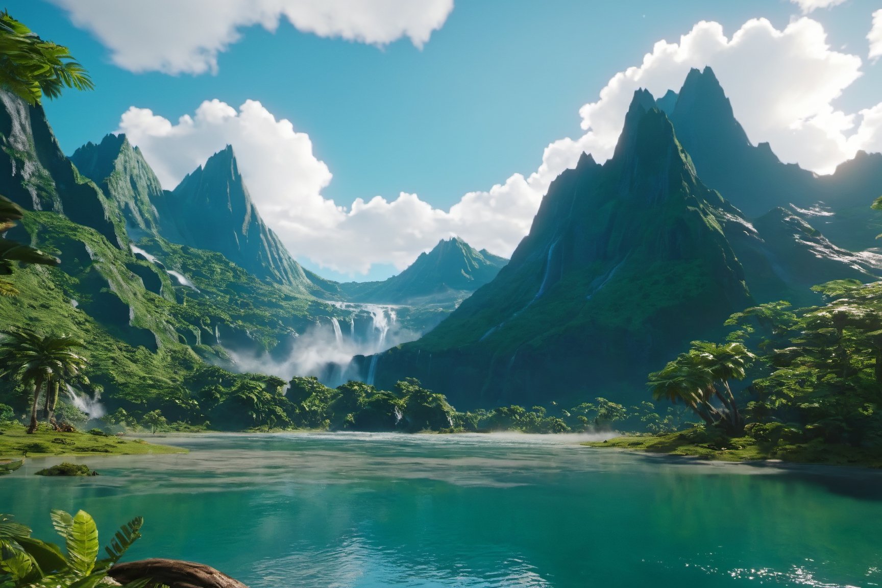 Jurassic, dinosaurs, forests, lakes, waterfalls, mountains, clouds, movie effects, ultra-high definition quality, 8k,3l3ctronics