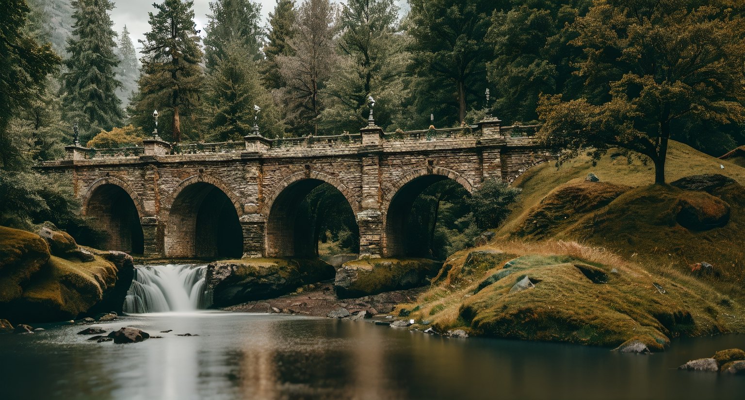 Forest, beautiful forest, rain, grass, rocks, cliffs, stone arch bridge with sculptures, beautiful stone bridge, epic movie style, masterpiece, perfect quality, exquisite details, real, clear, sharp, detailed, professional photos. (((comparison))), 8k, Ultra HD quality, cinematic look, cool tones,