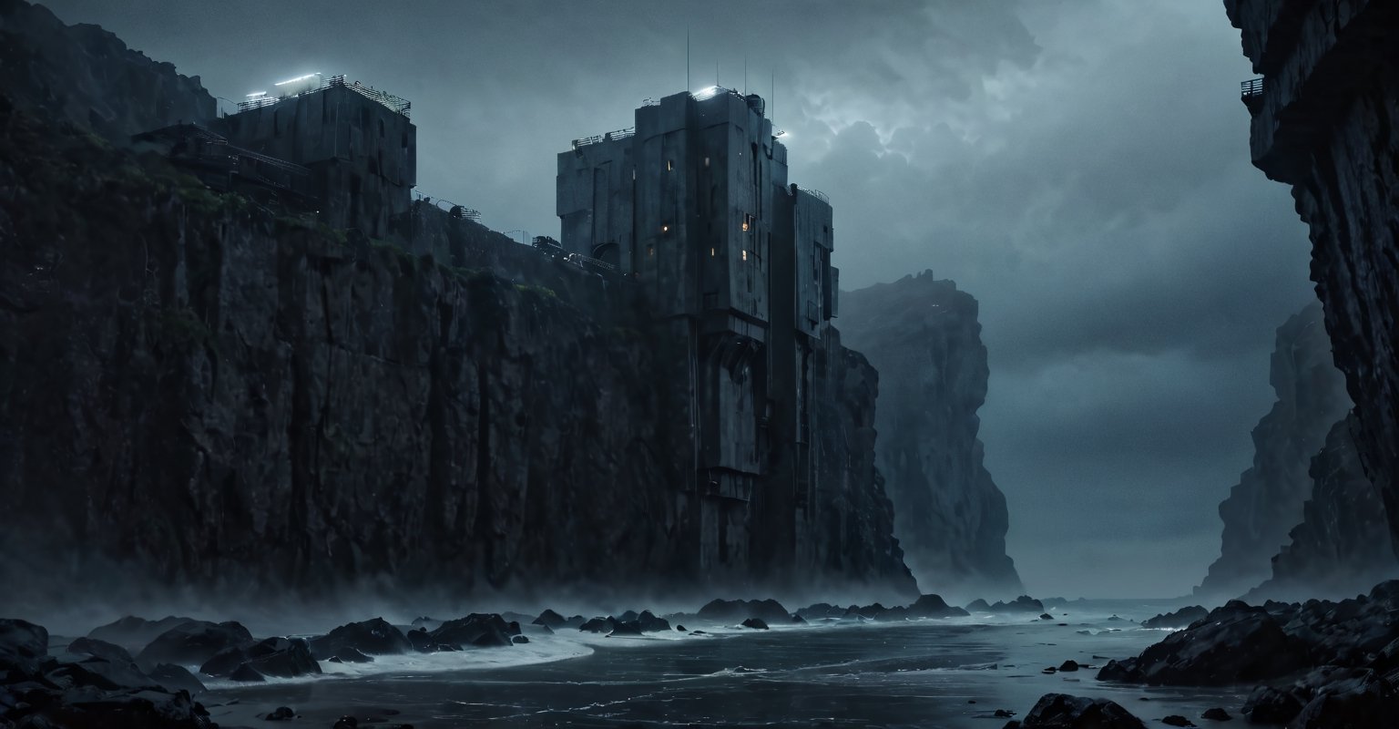 Best quality, extremely detailed, 8k, ultra high definition, perfect quality, masterpiece, night, darkness, mist, shore, cliff, calm sea, rocks, very thick fog, realistic, eerie, gloomy, scary The atmosphere, the menace, the gloom, seen from a distance, extremely fine and detailed, dark reinforced concrete fortifications with vertical, floor-to-ceiling windows, futuristic architecture, architectural neon lights,