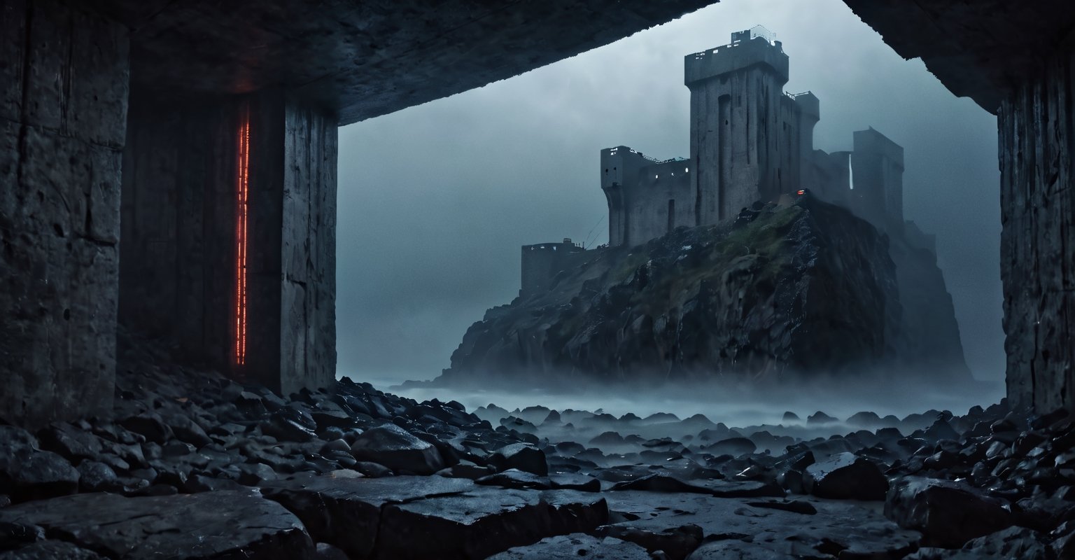 Best quality, extremely detailed, 8k, ultra high definition, perfect quality, masterpiece, night, darkness, mist, shore, cliff, calm sea, rocks, very thick fog, realistic, eerie, gloomy, scary The atmosphere, the menace, the gloom, seen from a distance, extremely fine and detailed, dark reinforced concrete fortifications with vertical, floor-to-ceiling windows, futuristic architecture, architectural neon lights,