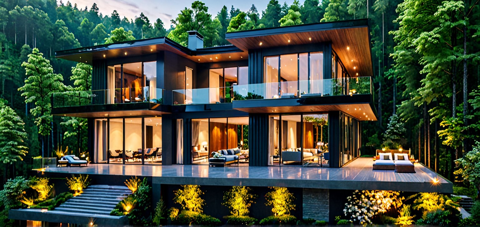 Luxurious villa in the forest, floor-to-ceiling windows, fashionable style,
Masterpiece, perfect quality, ultra high definition, 8k, exquisite details,