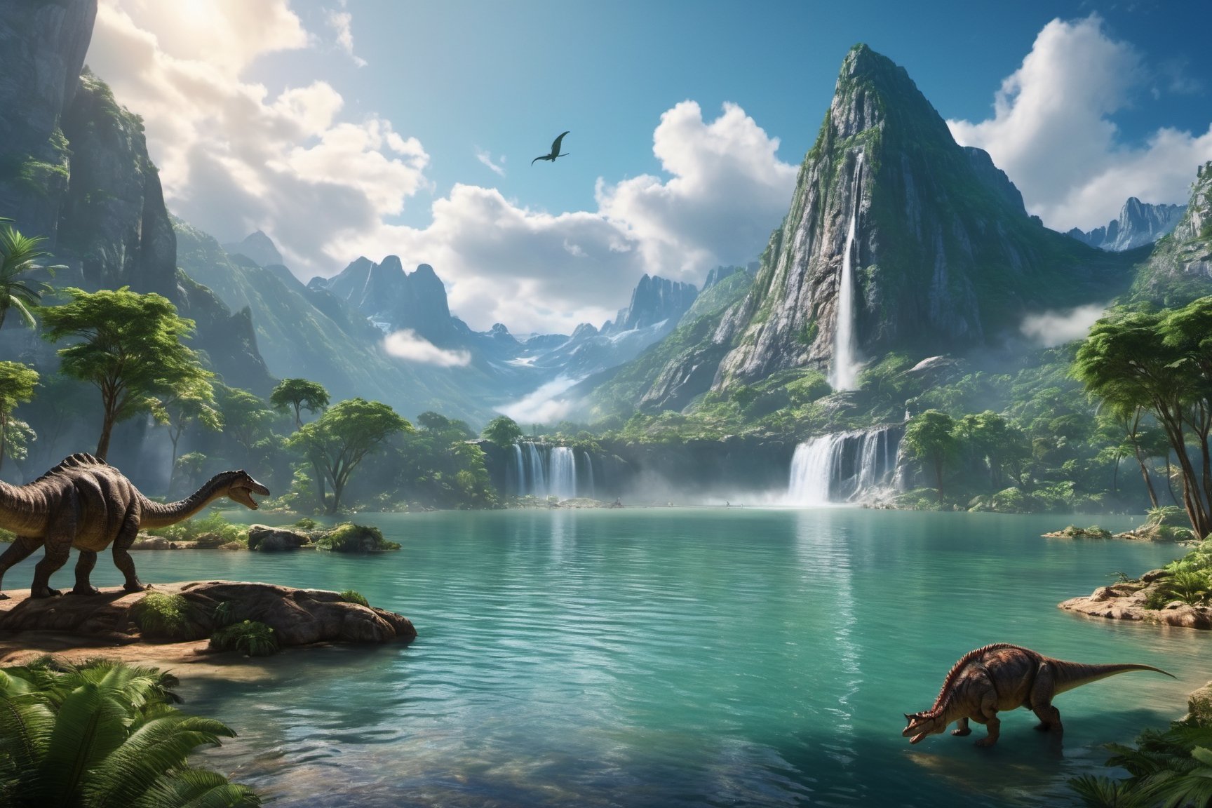 Jurassic, dinosaurs, forests, lakes, waterfalls, mountains, clouds, movie effects, ultra-high definition quality, 8k,