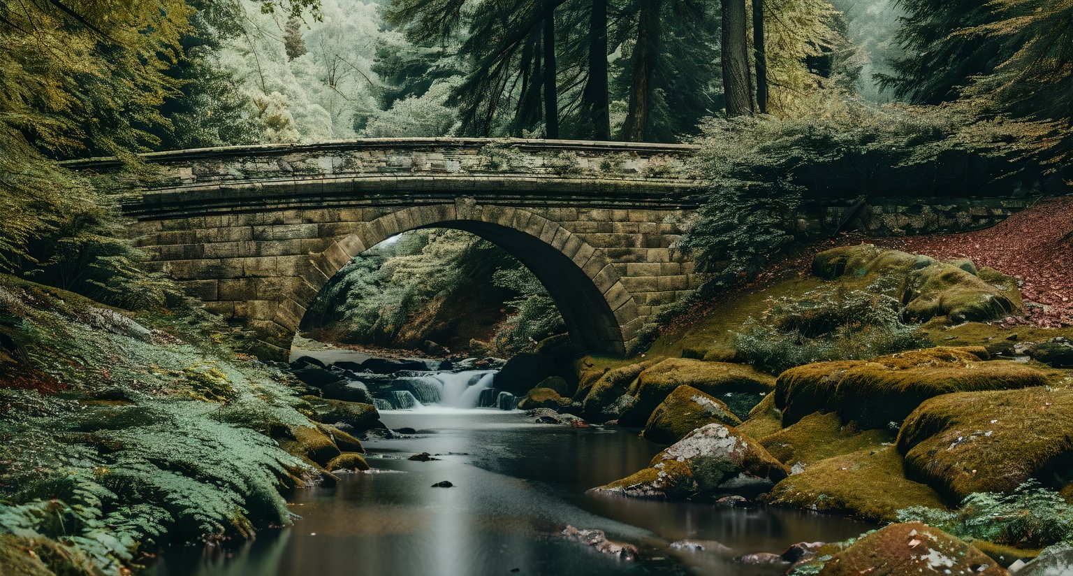 Forest, beautiful forest, rain, grass, rocks, cliffs, stone road, stone arch bridge, epic movie style, masterpiece, perfect quality, exquisite details, real, clear, sharp, detailed, professional photos. (((Compare))), 8k, Ultra HD quality, cinematic look, cool colors,