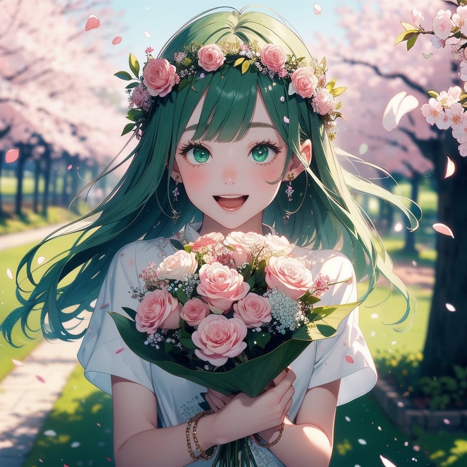1girl, bangs, blush, bouquet, bracelet, cherry blossoms, confetti, falling petals, flower, head wreath, holding, jewelry, leaf, long hair, looking at viewer, open mouth, petals, rose petals, short sleeves, smile, solo, upper body, very long hair white/ green,portrait