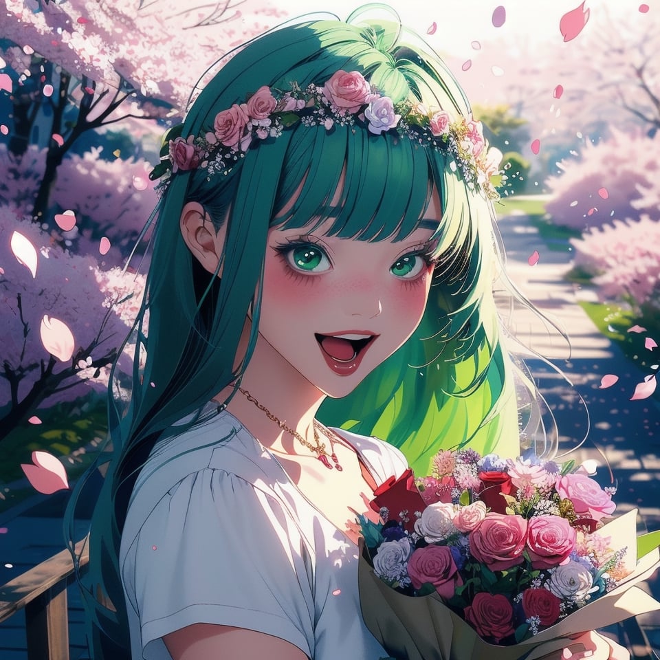 1girl, bangs, blush, bouquet, bracelet, cherry blossoms, confetti, falling petals, flower, head wreath, holding, jewelry, leaf, long hair, looking at viewer, open mouth, petals, rose petals, short sleeves, smile, solo, upper body, very long hair white/ green,portrait,