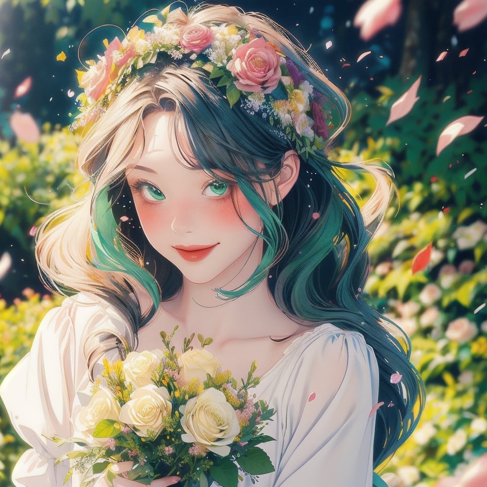 1girl, bangs, blush, bouquet, bracelet, cherry blossoms, confetti, falling petals, flower, head wreath, holding, jewelry, leaf, long hair, looking at viewer, petals, rose petals, short sleeves, smile, solo, upper body, very long hair white/ green,portrait,