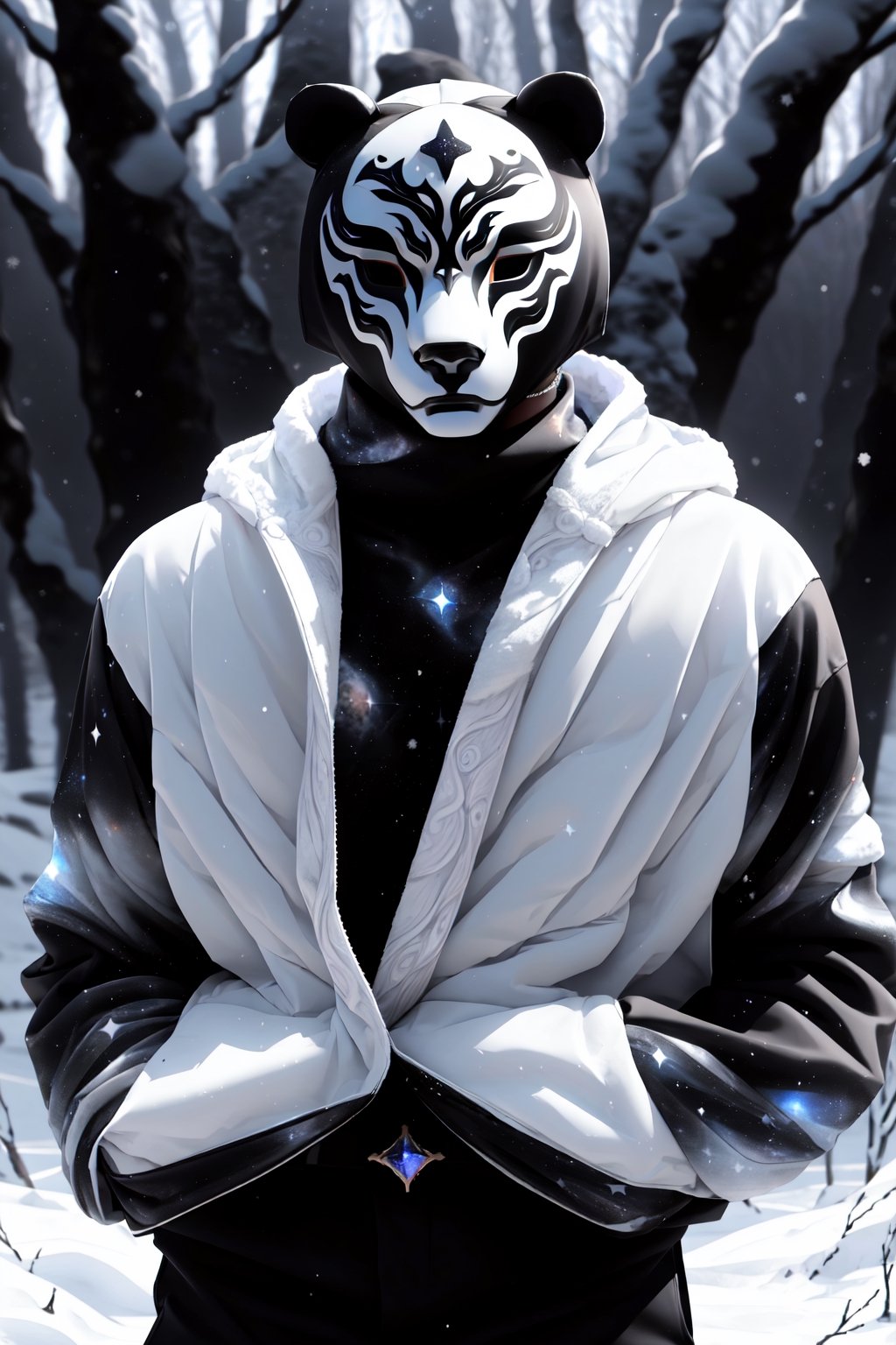 solo_male, strong, solo, (slim), simple background, gloves, animal ears, full body, (black skin), grey background, glowing, no pupils, (human_lip), starry sky print, (white bear mask:1.2), sleek mask, 1 mask, (black celestial winter clothes:1.2), turtleneck, cargo pants, dinamic photo, mystic, 3d render, unreal engine,Celestial Skin,