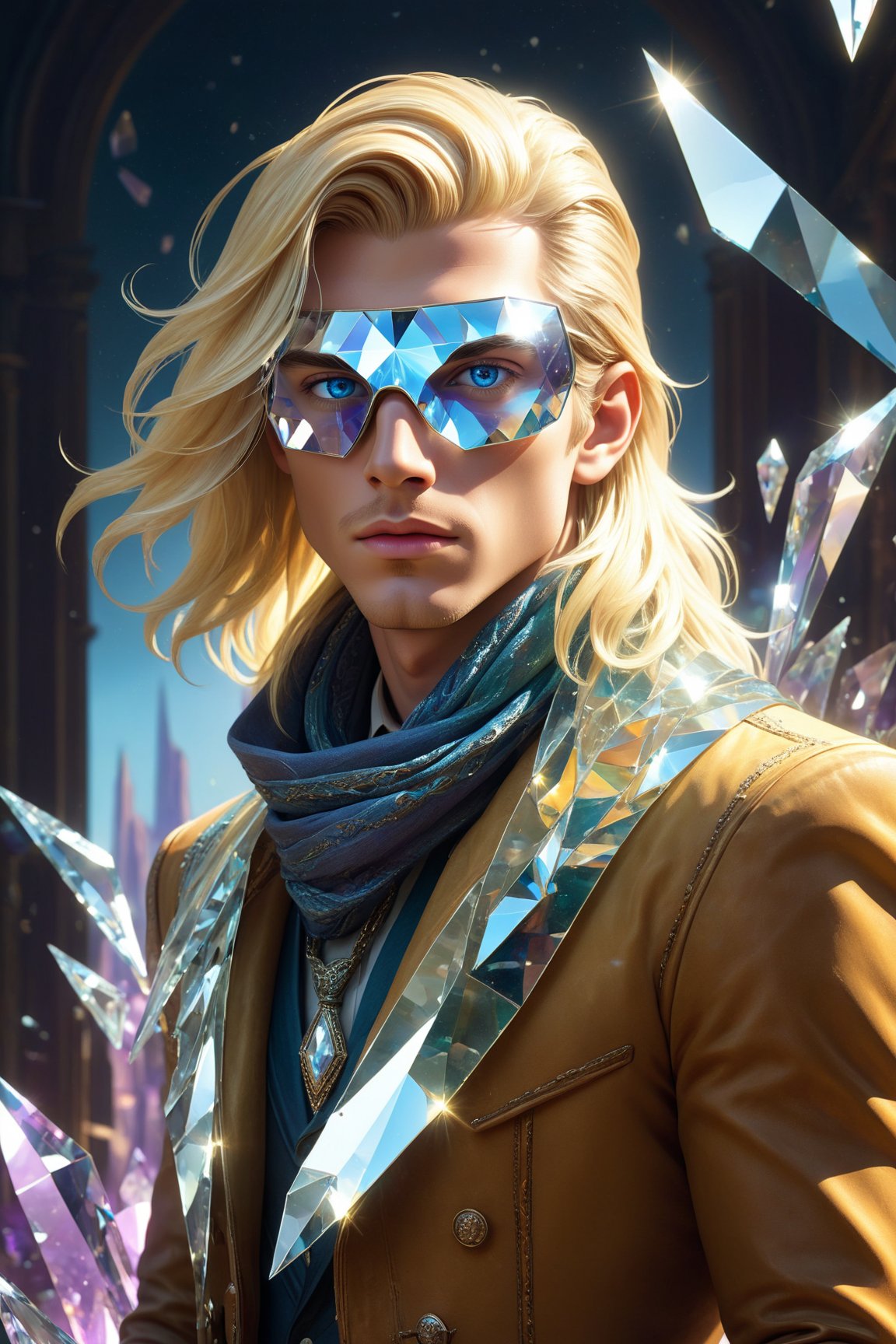 1boy, cleam shave, blonde, long hair, layered hair, swiped back, transparent fantasy-inspired mirrored glass shards aristocrat clothes, broken crystal scarf made of glass, (eye-covering mask:1.2) , crystal, bokeh, Broken Glass effect, no background, stunning, something that even doesn't exist, mythical being, energy, textures, iridescent and luminescent shards, divine presence, cowboy shot, Volumetric light, auras, rays, vivid colors reflects, Broken Glass effect, eyes shoot, oil paint, male focus, 3d render, digital art, realistic, art booster, fflixmj6,Crystal style,art_booster