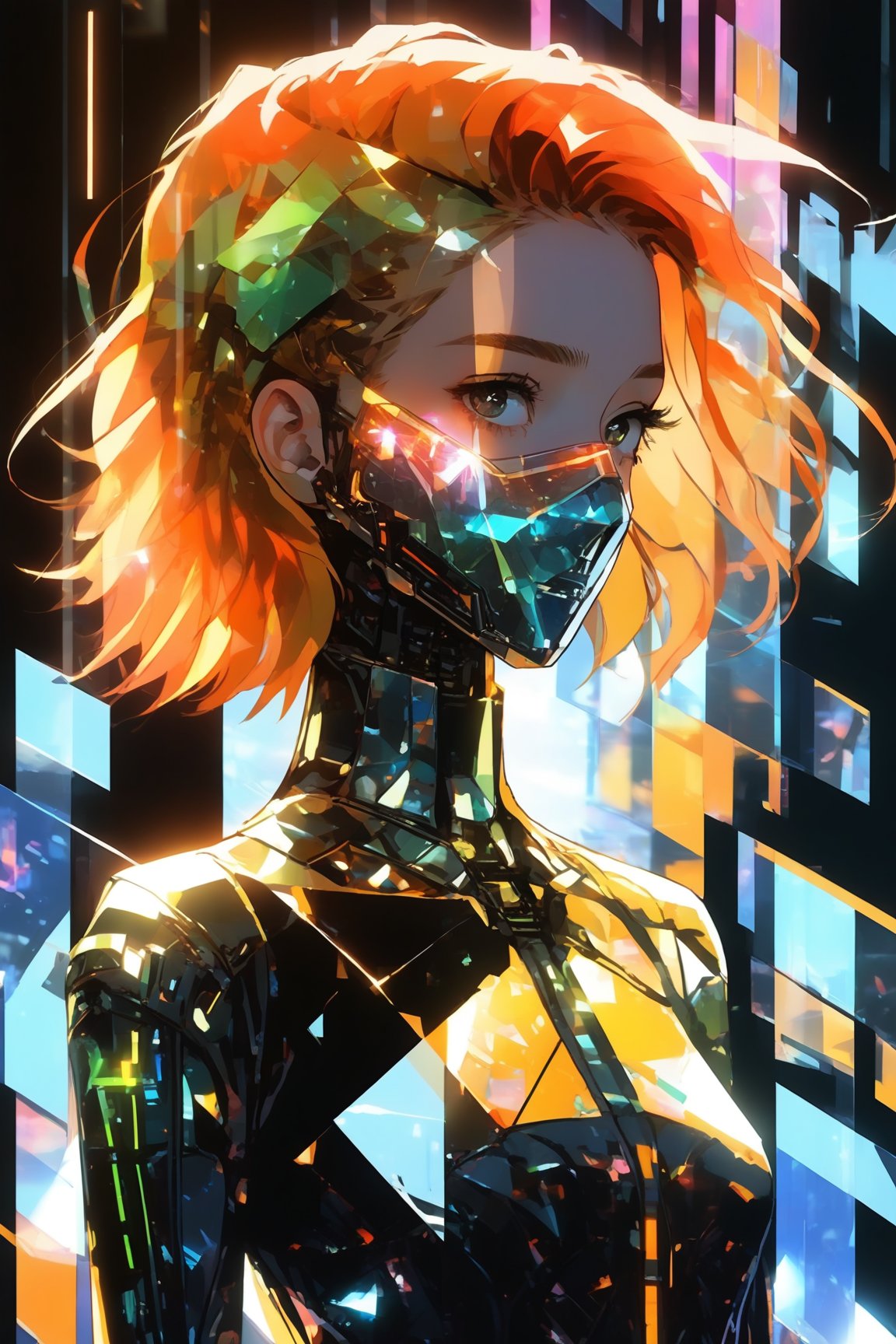 score_9, score_8, score_7, masterpiece, extremely detailed, broken glass effect, 1girl, solo, cyberpunk, transparent, cyborg, vivid, see-through, translucent, neon, detailed background, bokeh, creepy, vintage, see-through, facing front, upper body, internal organs, , orange hair, long hair, tied hair, hair over one eye, braless, long dress made of broken glass, crystal mask that refract light