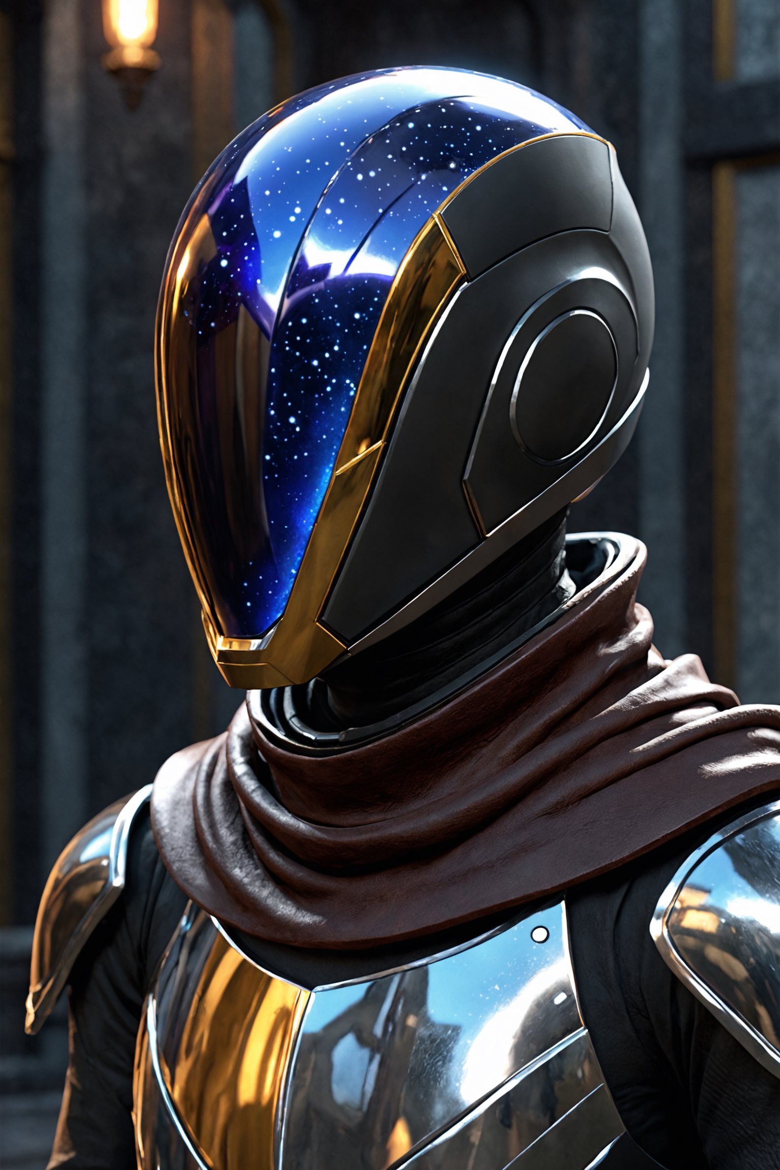 ParallelObserver, (colorgalaxy reflected on a reflexive helmet), metalic rim detailed helmet, 1boy, (leather long coat), scarf, Renaissance themed, fantasy, front-view, upperbody, detailed, 3d render, unreal engine, colorgalaxy,disney pixar style