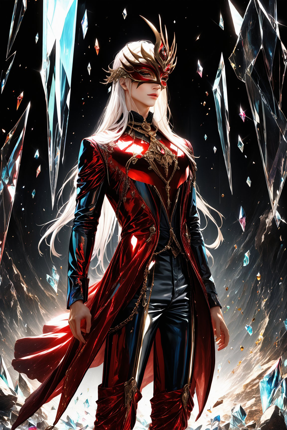 1boy, (fantasy masquerade mask), white long hair, (strait hair), (golden eyes), crimson red fantasy-inspired mirrored glass shards suit, eye-covering masculine mask, crystal, chains, ((Broken Glass effect)), no background, cleam shave, stunning, something that even doesn't exist, mythical being, energy, textures, iridescent and luminescent shards, divine presence, cowboy shot, Volumetric light, auras, rays, vivid colors reflects, Broken Glass effect, eyes shoot, oil paint, male focus, 3d render, digital art, realistic