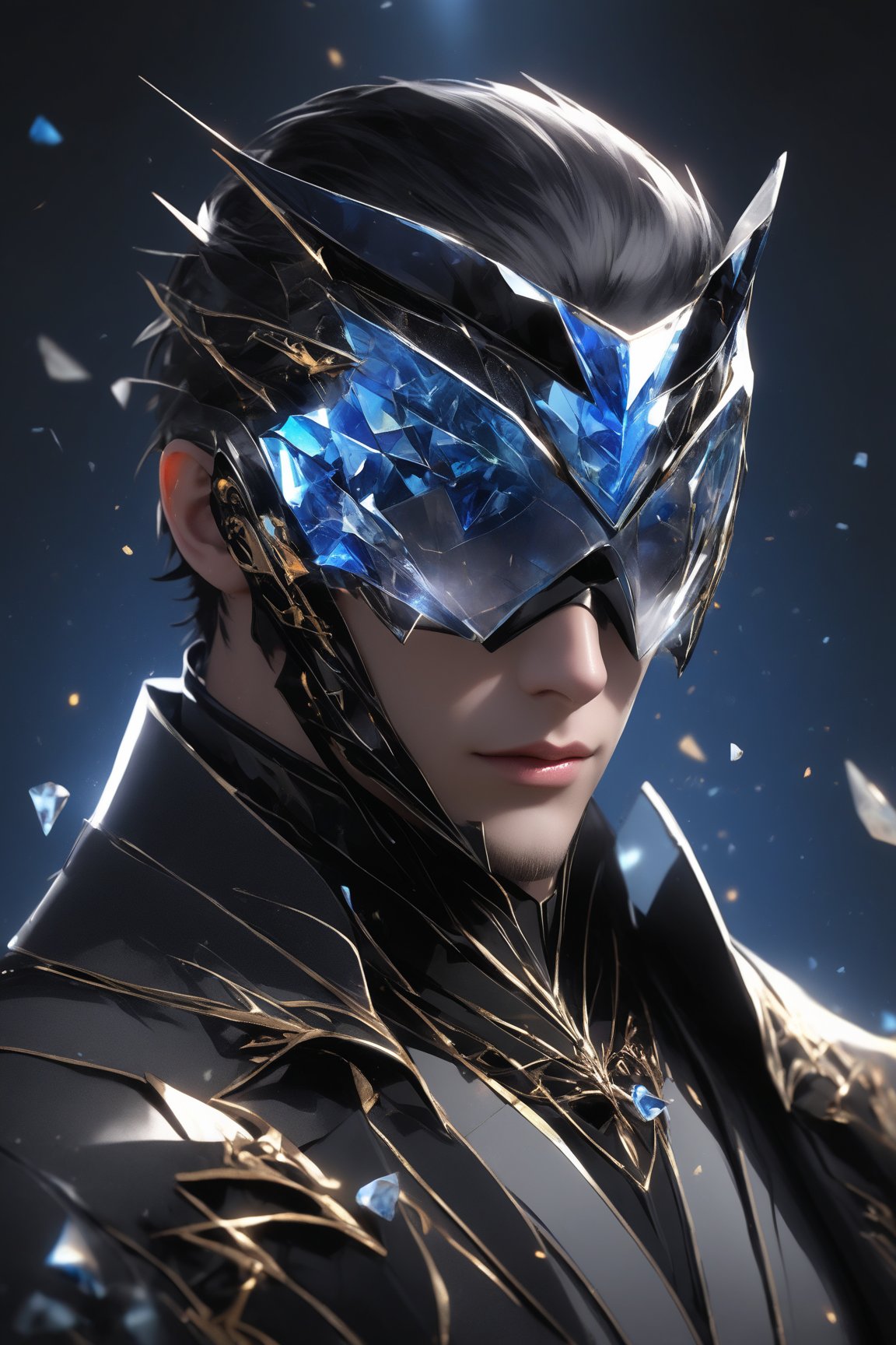 sole_male, (clear crystal visor mask), broken glass formal suit, SalomanElfric, white skin, (blue eyes), short black hair swiped back, [goatee], [sideburns] , masterpiece, digital art, award winner, serene, bright colors, octane, 3d render, realistic, shards,Gold Edged Black Rose,